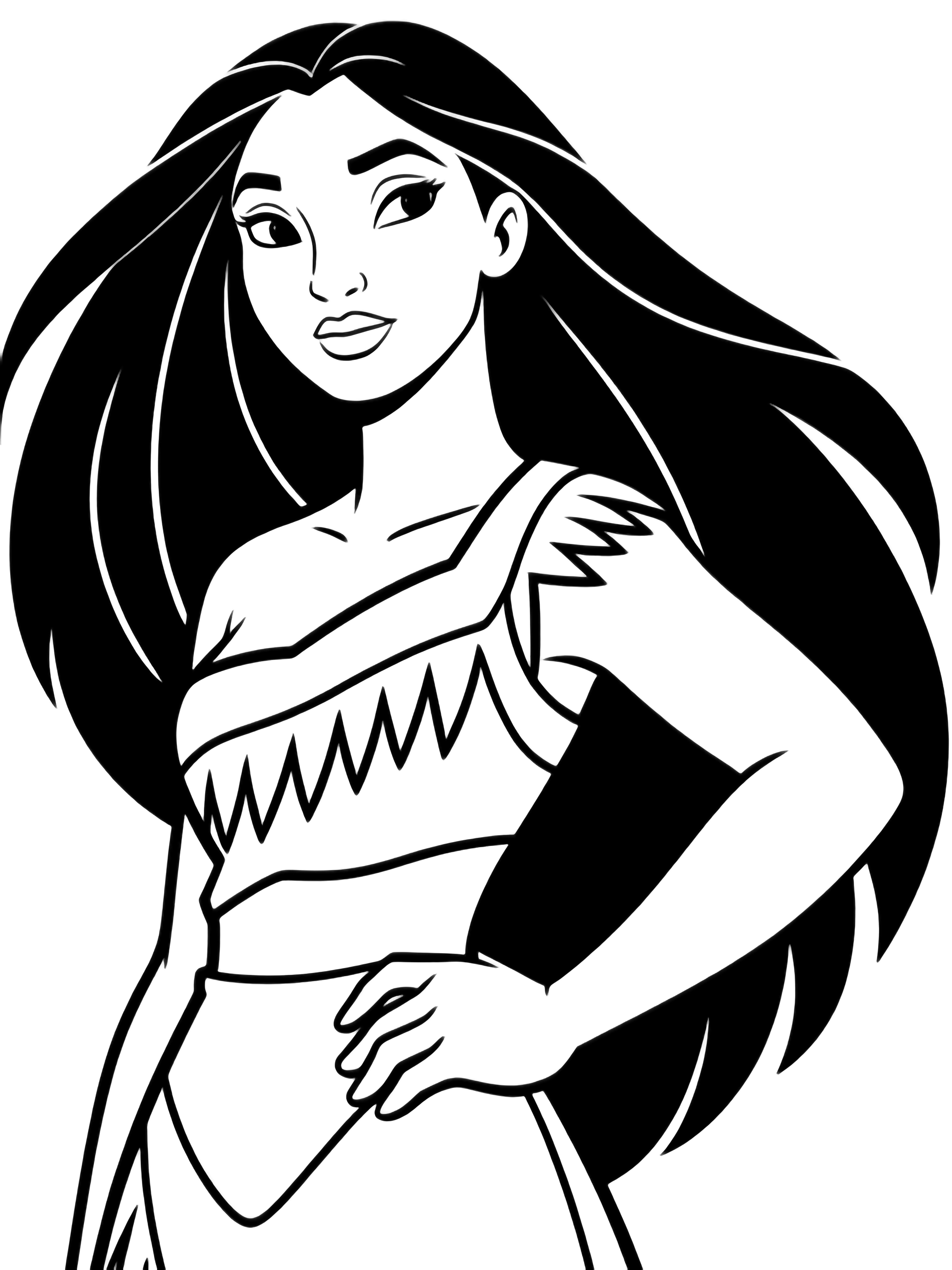 Pocahontas stands confidently, hand on hip, long hair flowing. kleurplaat