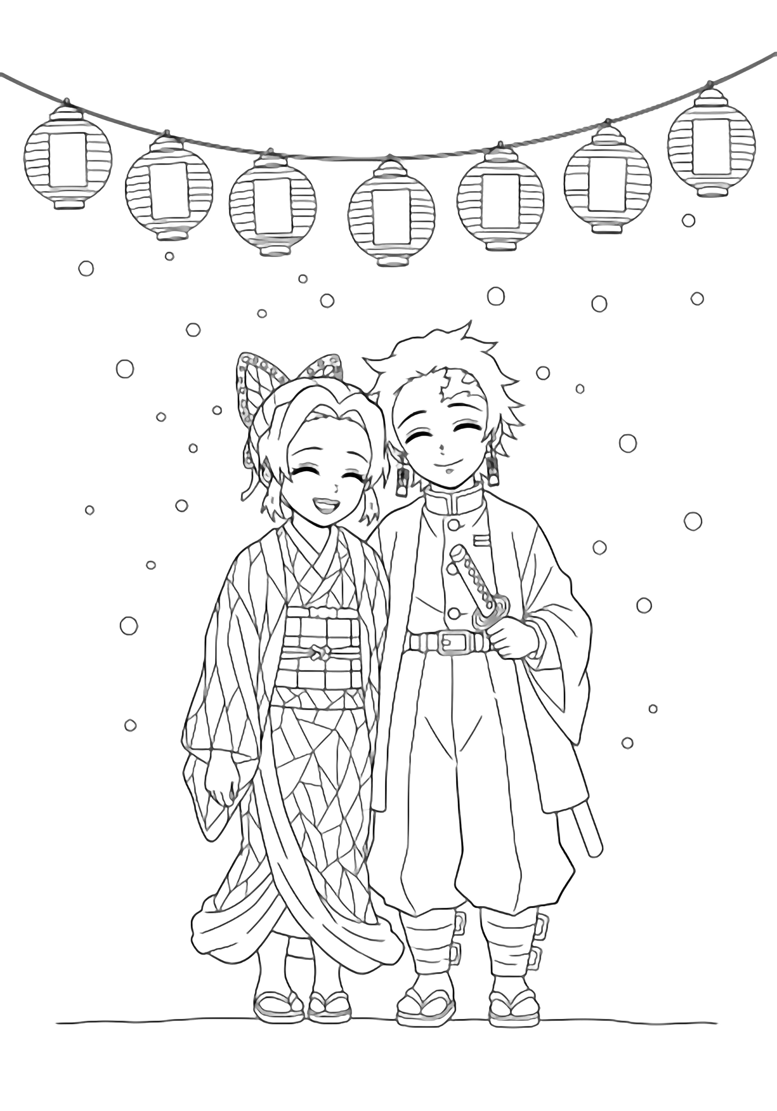 Shinobu and Giyu stand close beneath falling snow, smiling in simple kimonos while lanterns hang overhead. kleurplaat