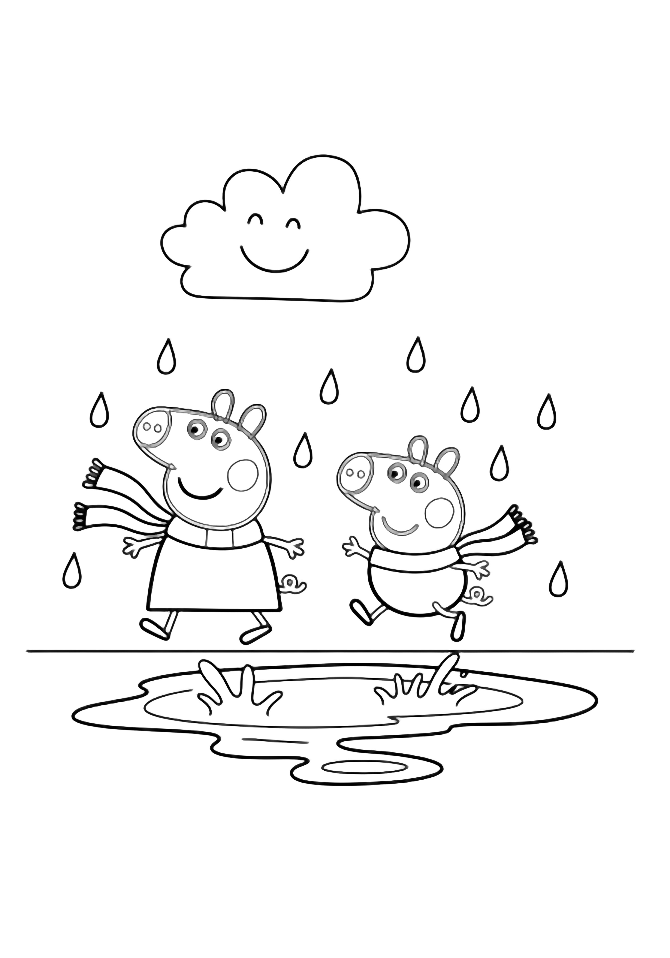 Peppa and George Pig jump together into a big puddle, scarves flying, raindrops falling, cheerful cloud overhead. kleurplaat