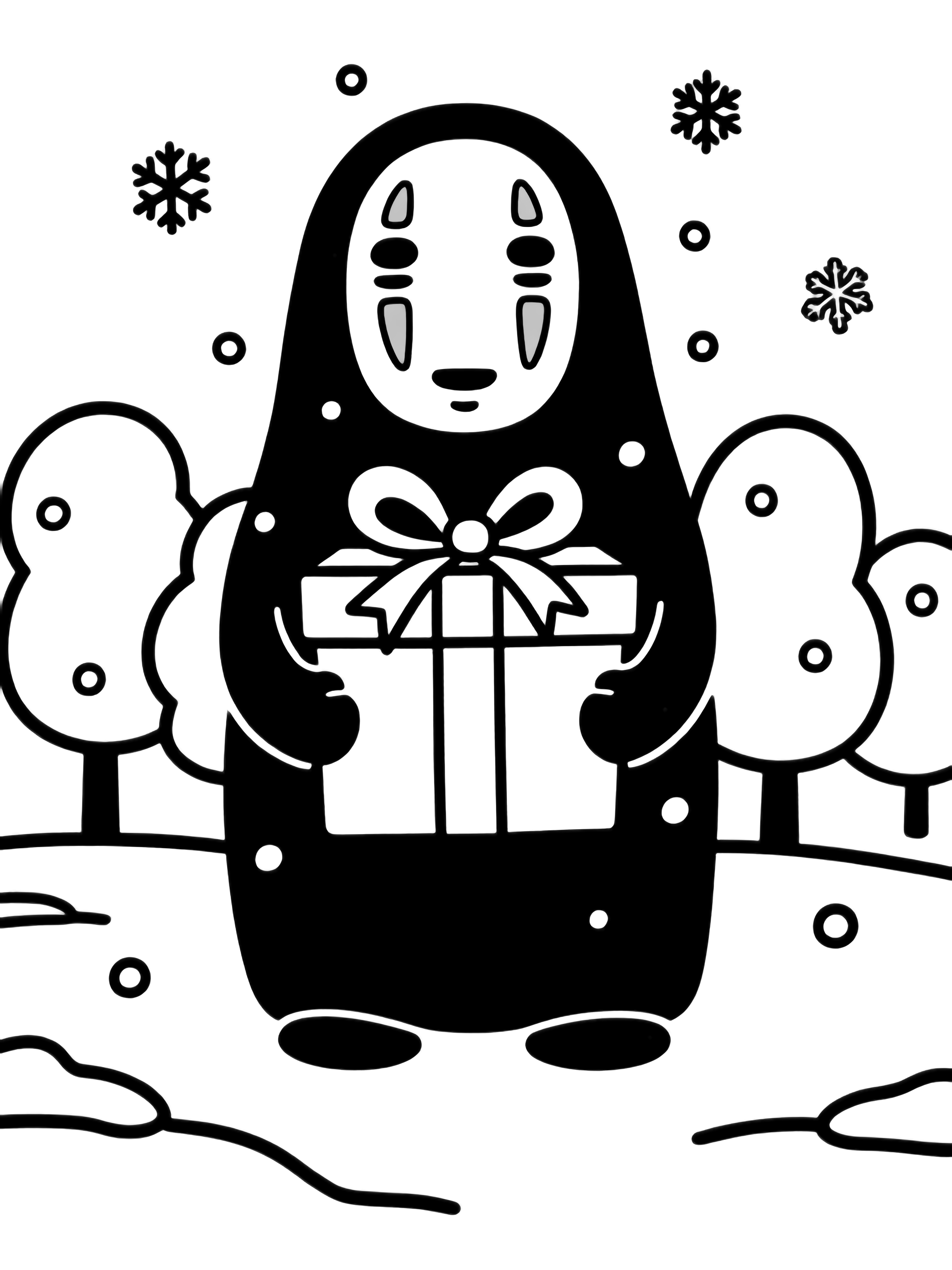No-Face holds out a ribboned gift box amid drifting snowflakes, with small rounded trees behind and a simple ground line. kleurplaat