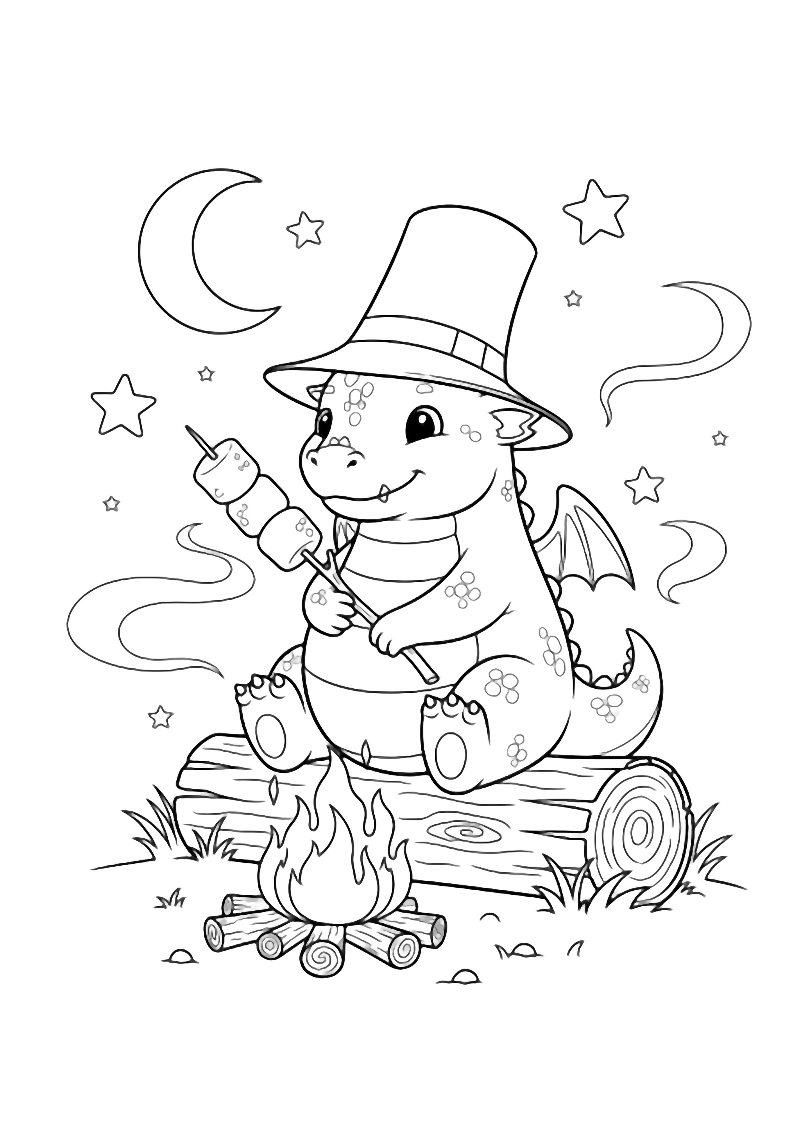 A chubby baby dragon in a floppy hat roasts marshmallows on a stick over a small campfire while sitting on a log beneath stars and a crescent moon. kleurplaat