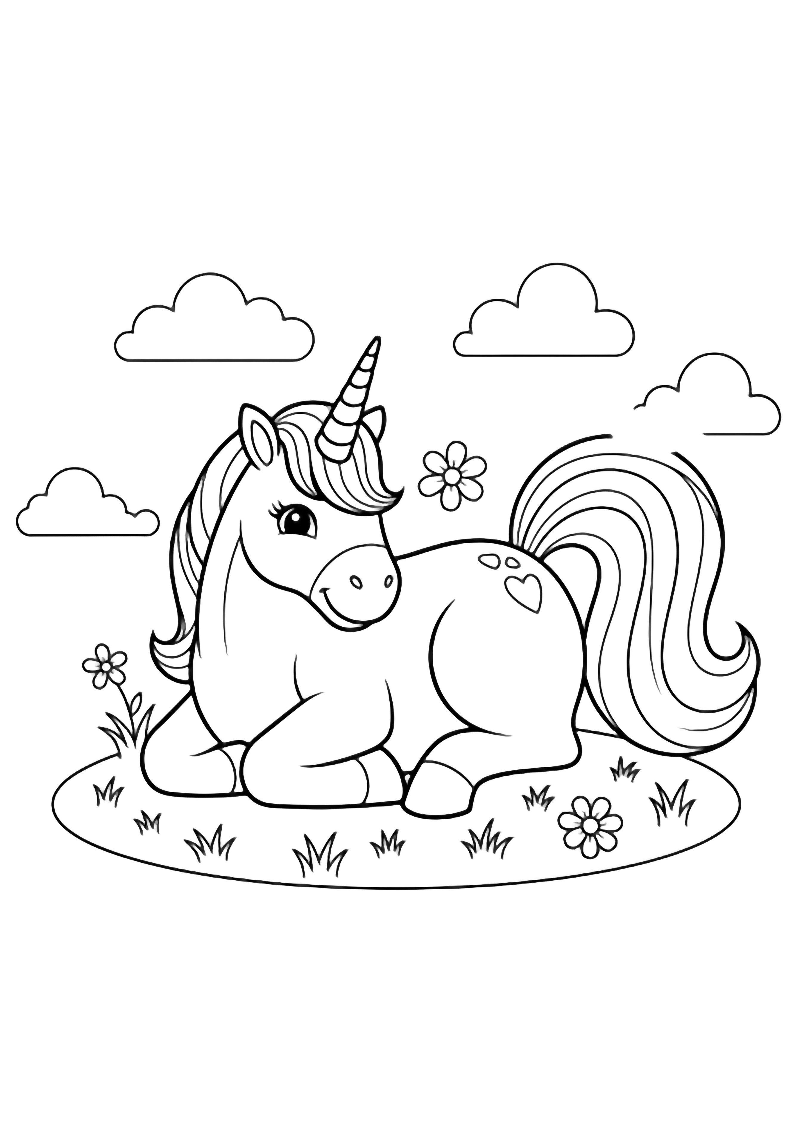 A smiling unicorn curled on grass, horn forward, tail arced, with clouds and flowers around. kleurplaat