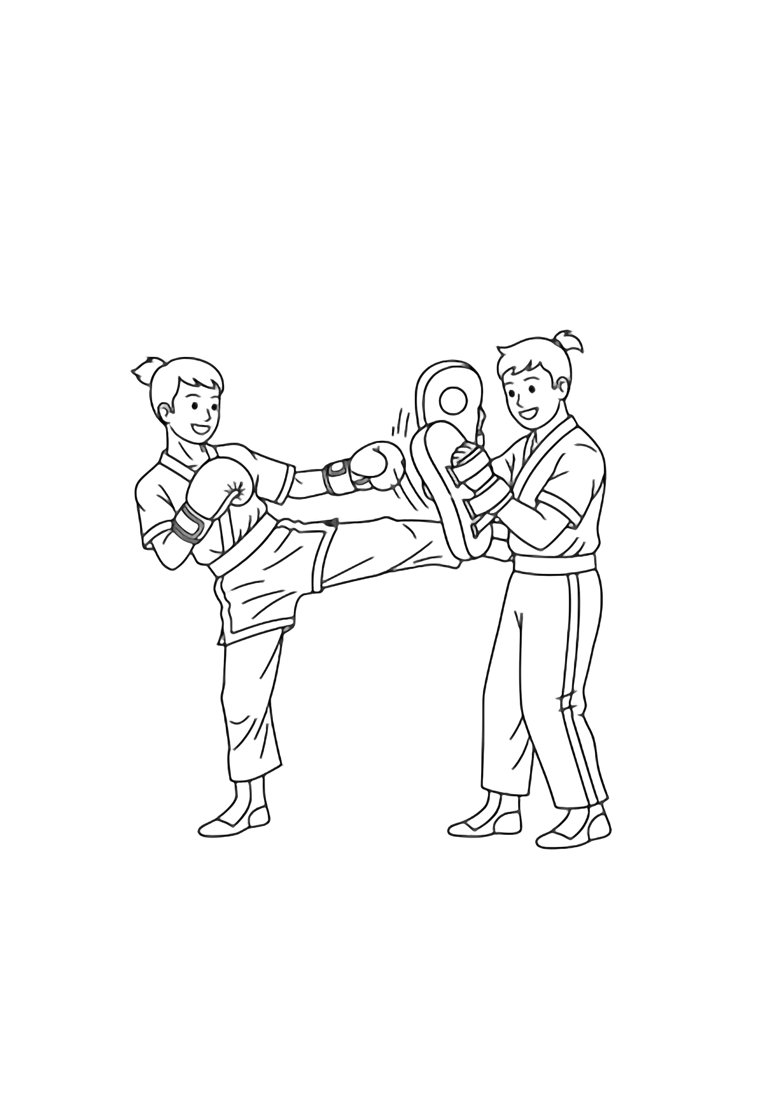 Two smiling kickboxers, one mid-kick, one holding a focus pad, in simple uniforms. kleurplaat