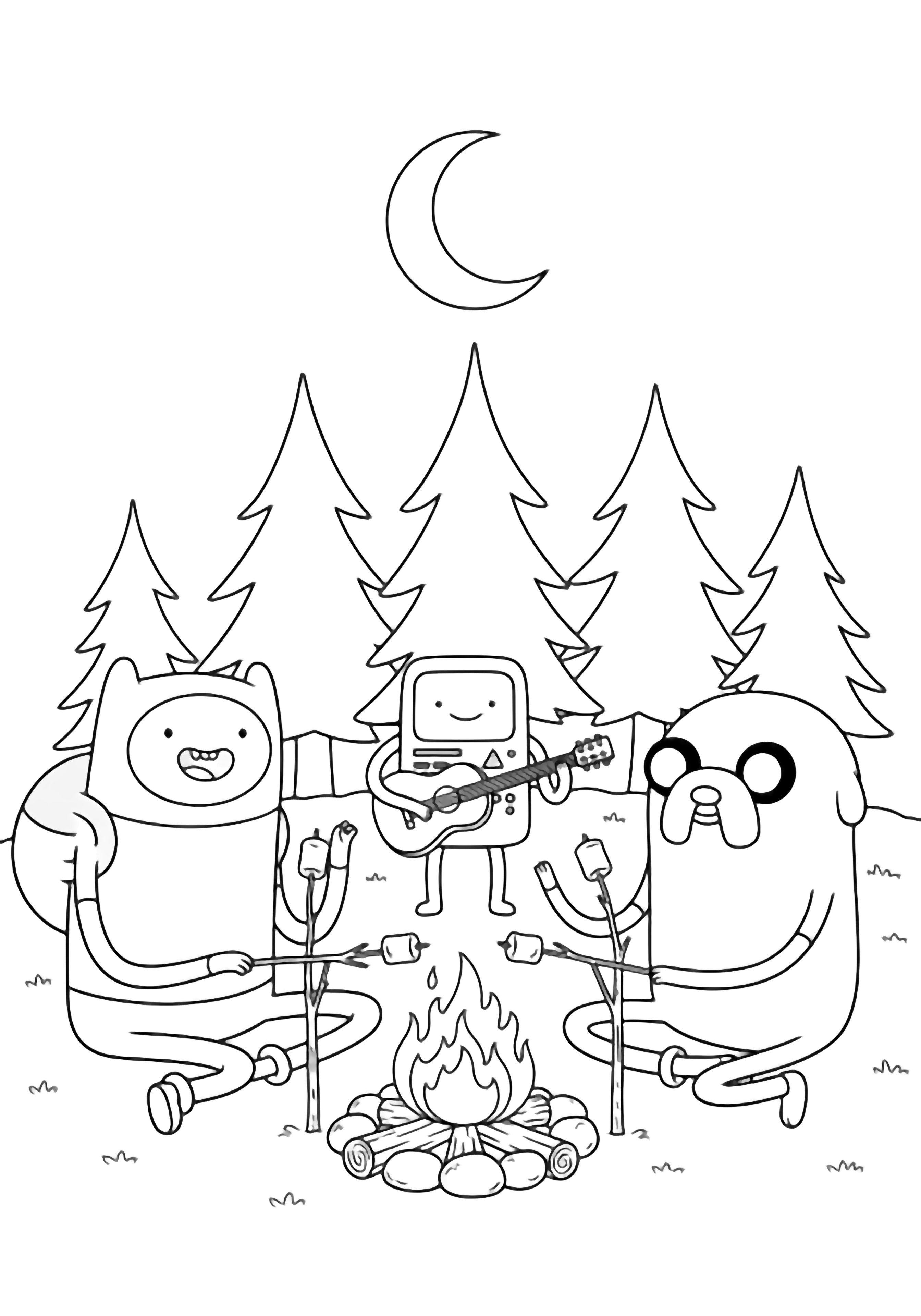 Finn and Jake sit cross-legged toasting marshmallows while BMO strums a tiny guitar beside a campfire under three pines and a crescent moon. kleurplaat