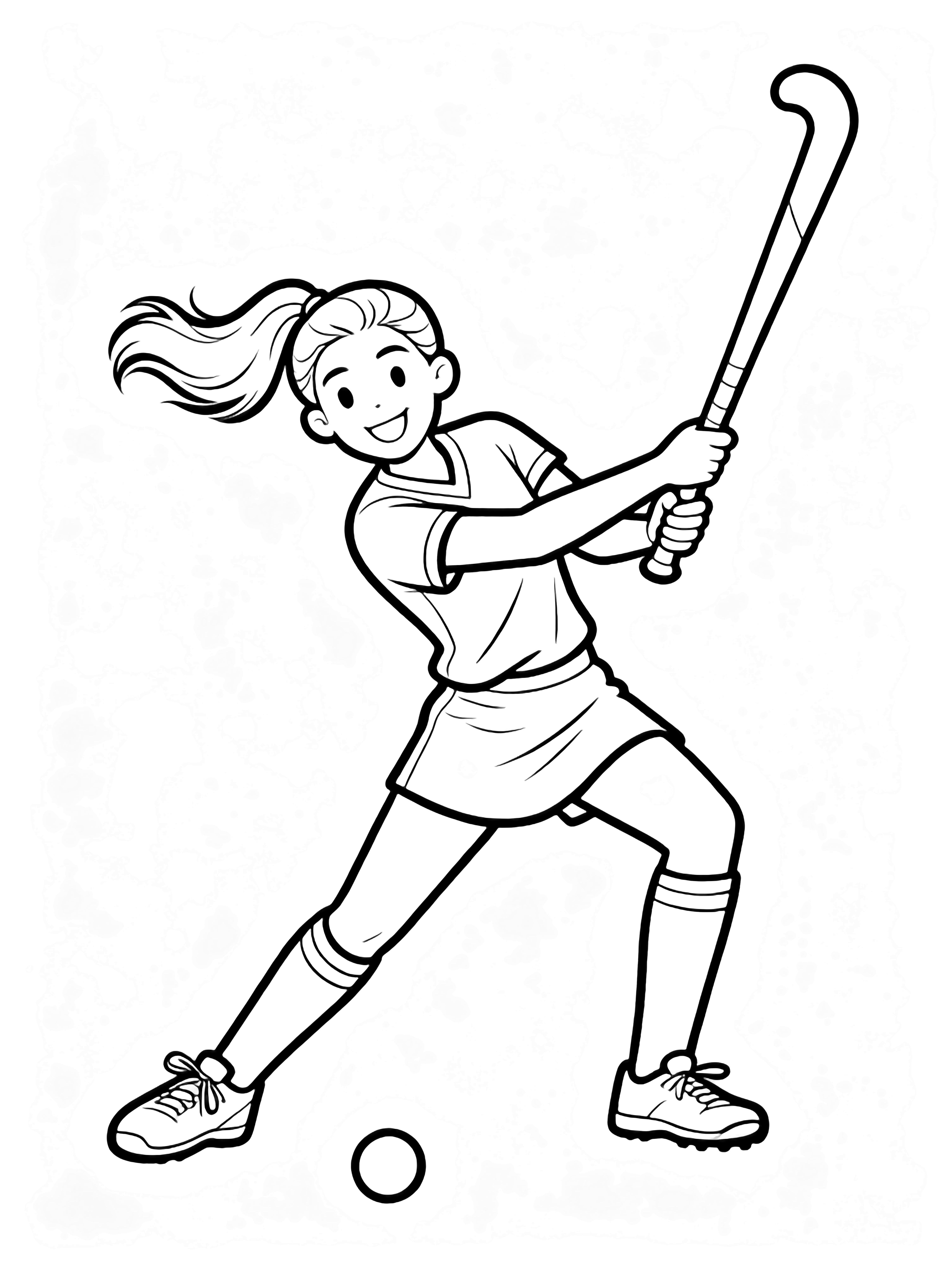 A smiling field-hockey player with a flying ponytail swings her stick beside a ball on a field. kleurplaat