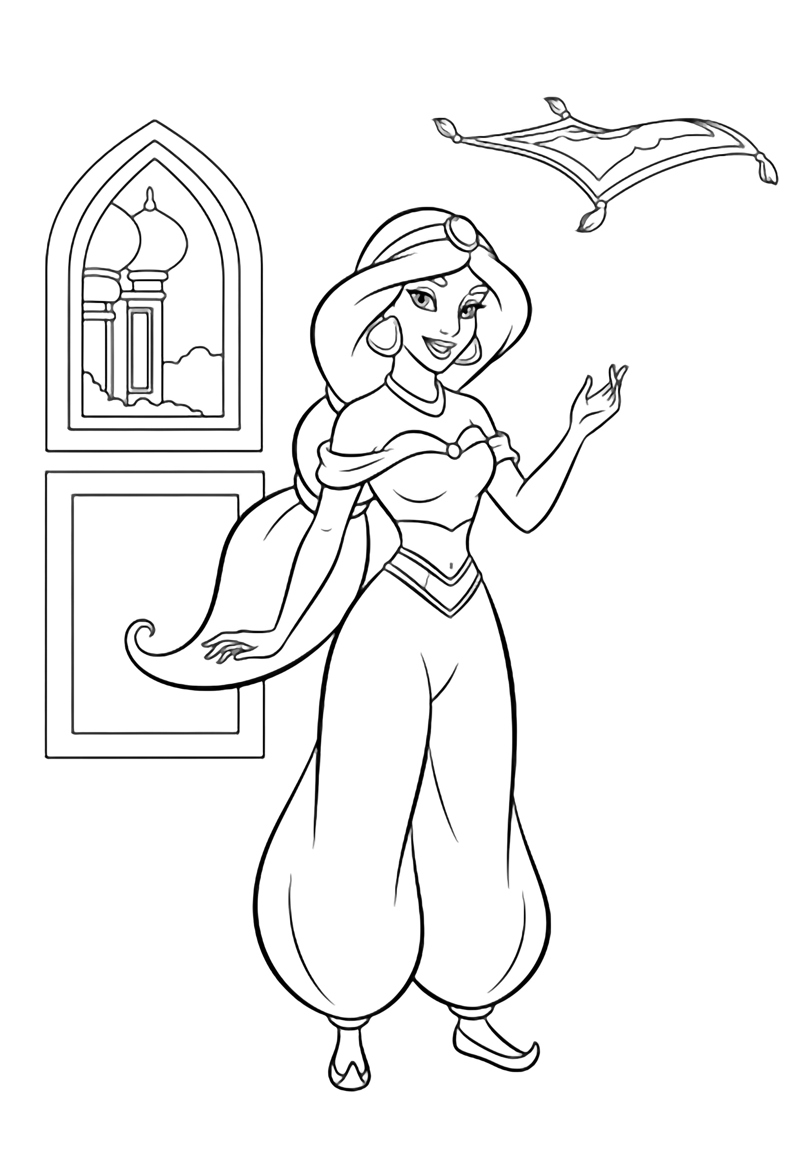Princess Jasmine smiling and waving, long hair flowing, palace window and magic carpet behind her. kleurplaat
