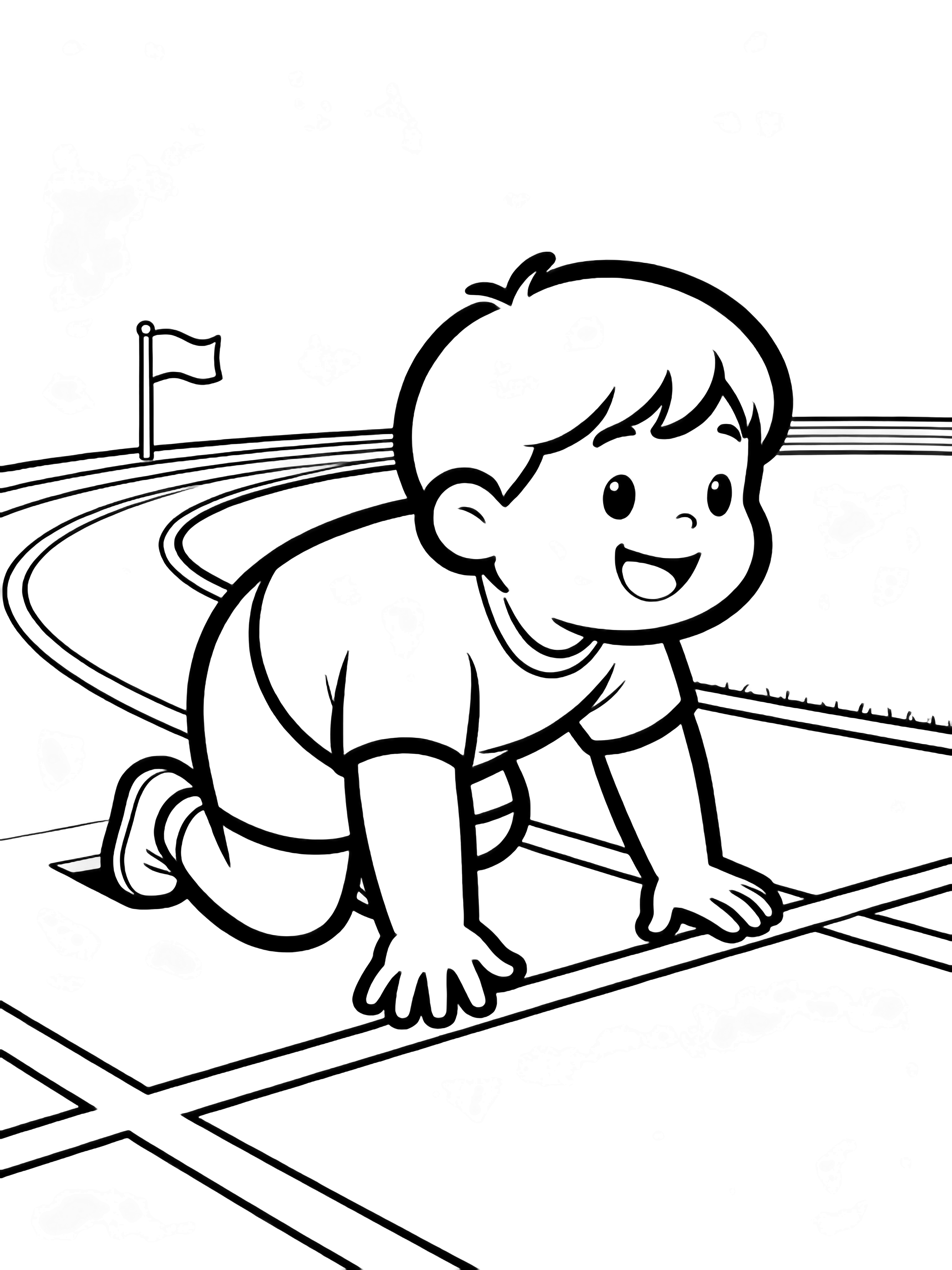 Chubby child crouched at starting line, fingertips on track, smiling sideways; tiny flag beyond oval lane. kleurplaat