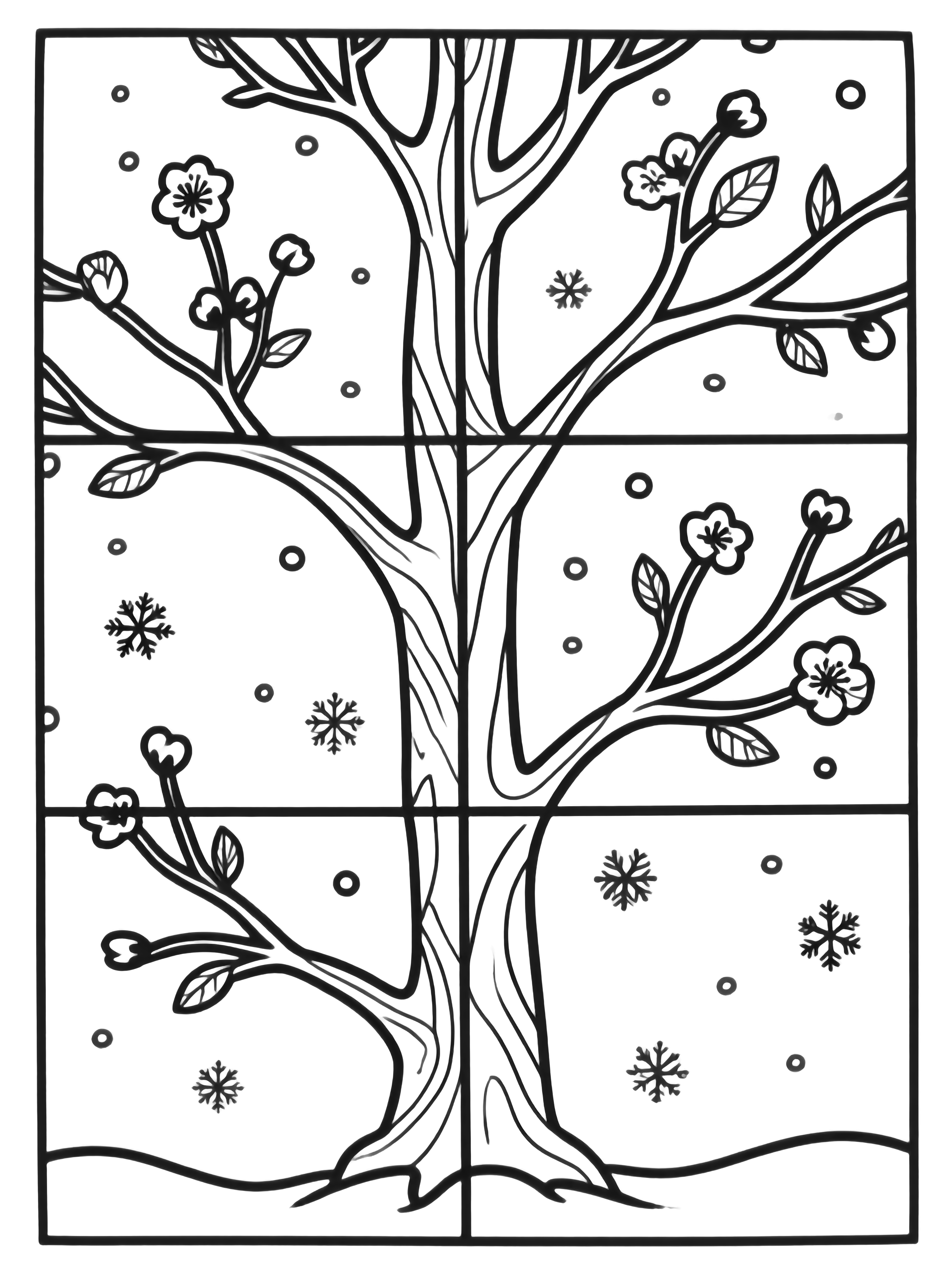 Four tall tree quadrants grow from one trunk, each filled with bare twisted branches, scattered blossoms, delicate leaves, and drifting snowflakes. kleurplaat