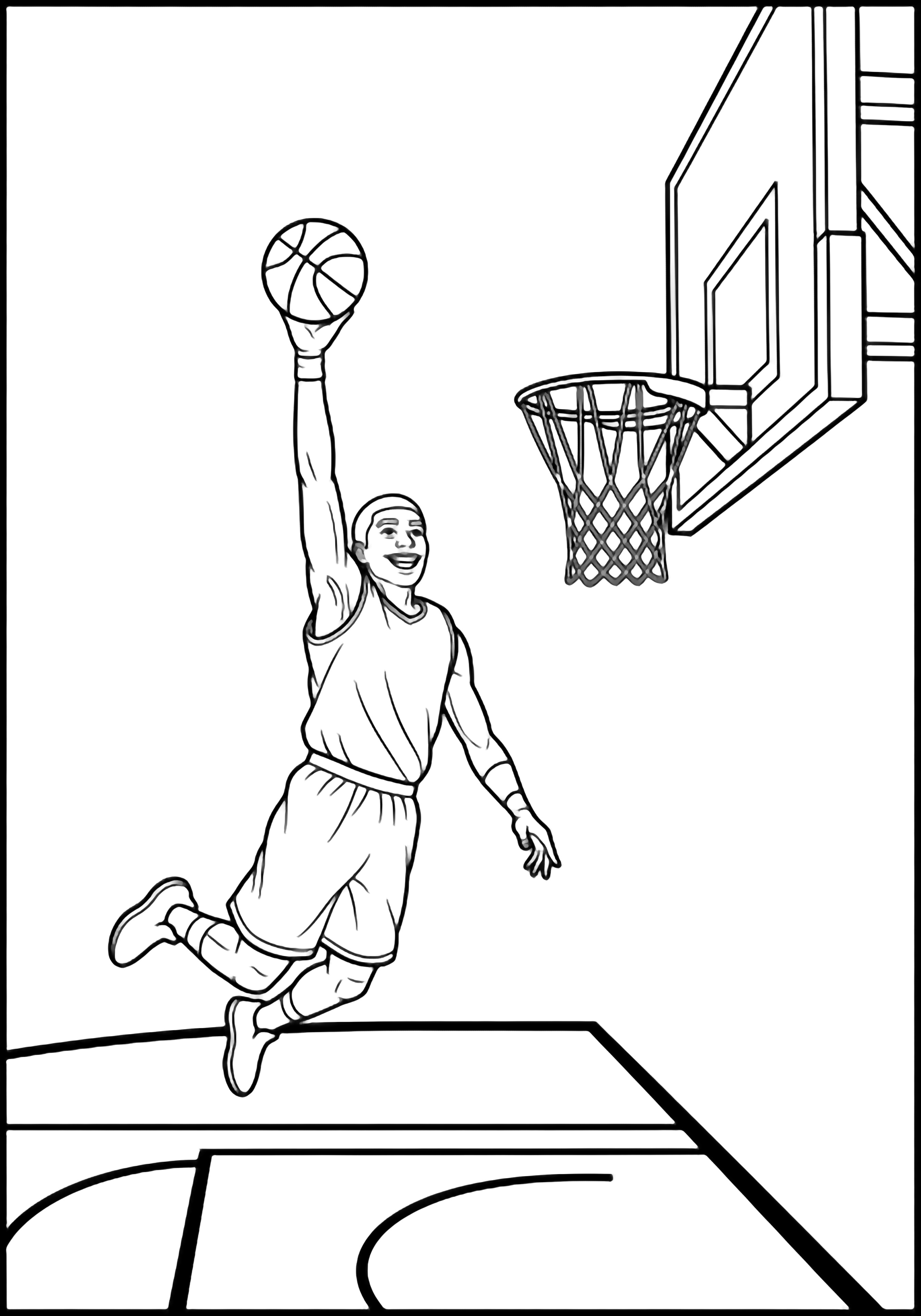 A joyful basketball player leaps toward the hoop, arm extended for a slam dunk, with court lines, backboard, and net framing the scene. kleurplaat