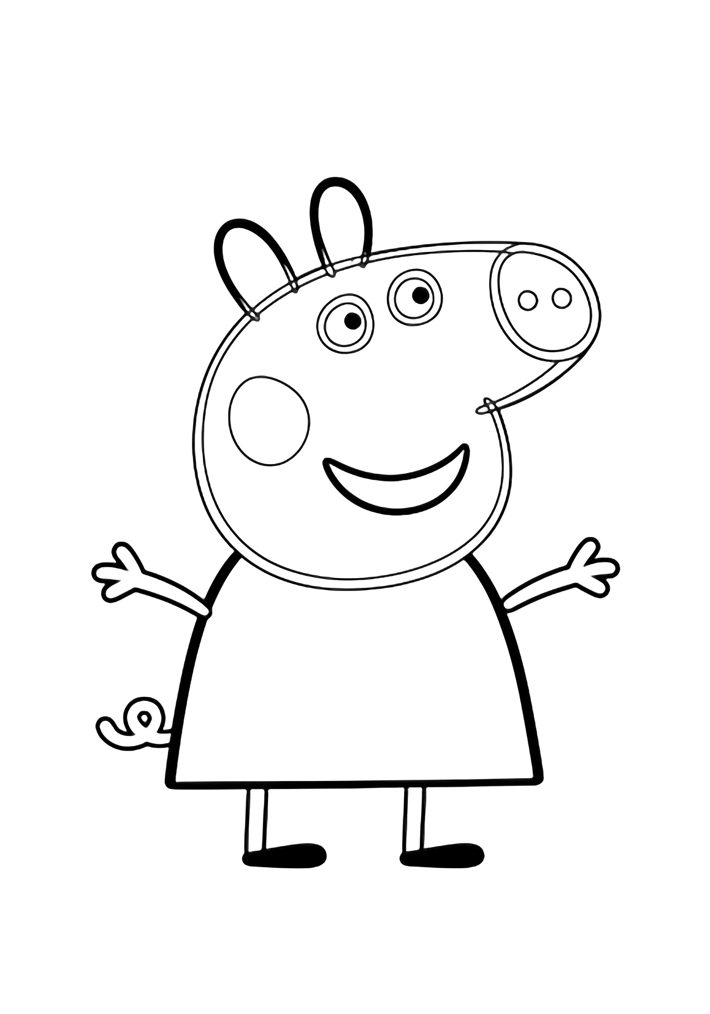 Peppa Pig stands centered, facing forward and smiling with open hands, wearing her dress and shoes. kleurplaat