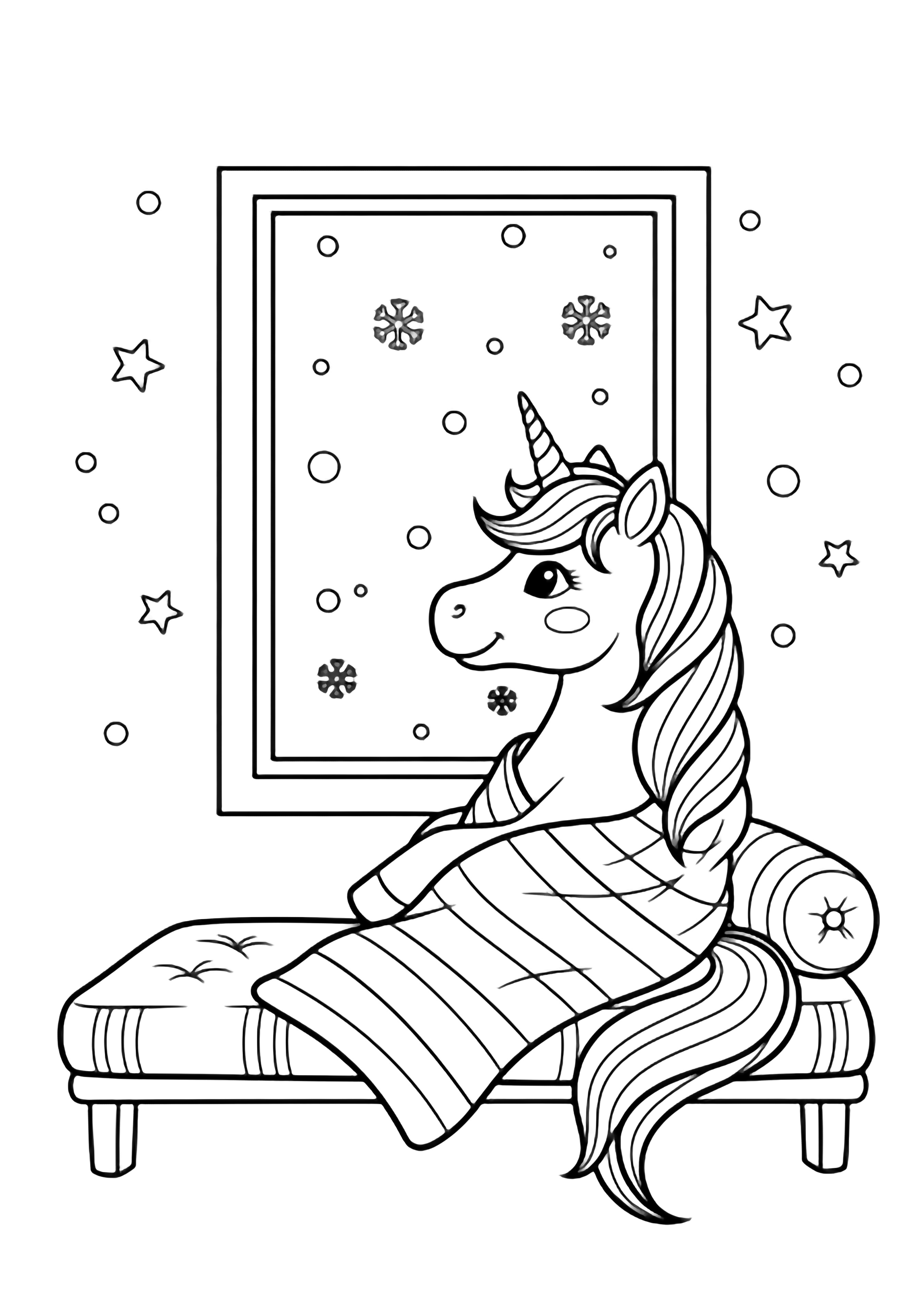 A happy unicorn on a cushioned bench under a striped blanket watches snow drift past a tall window, tiny stars on the wall. kleurplaat