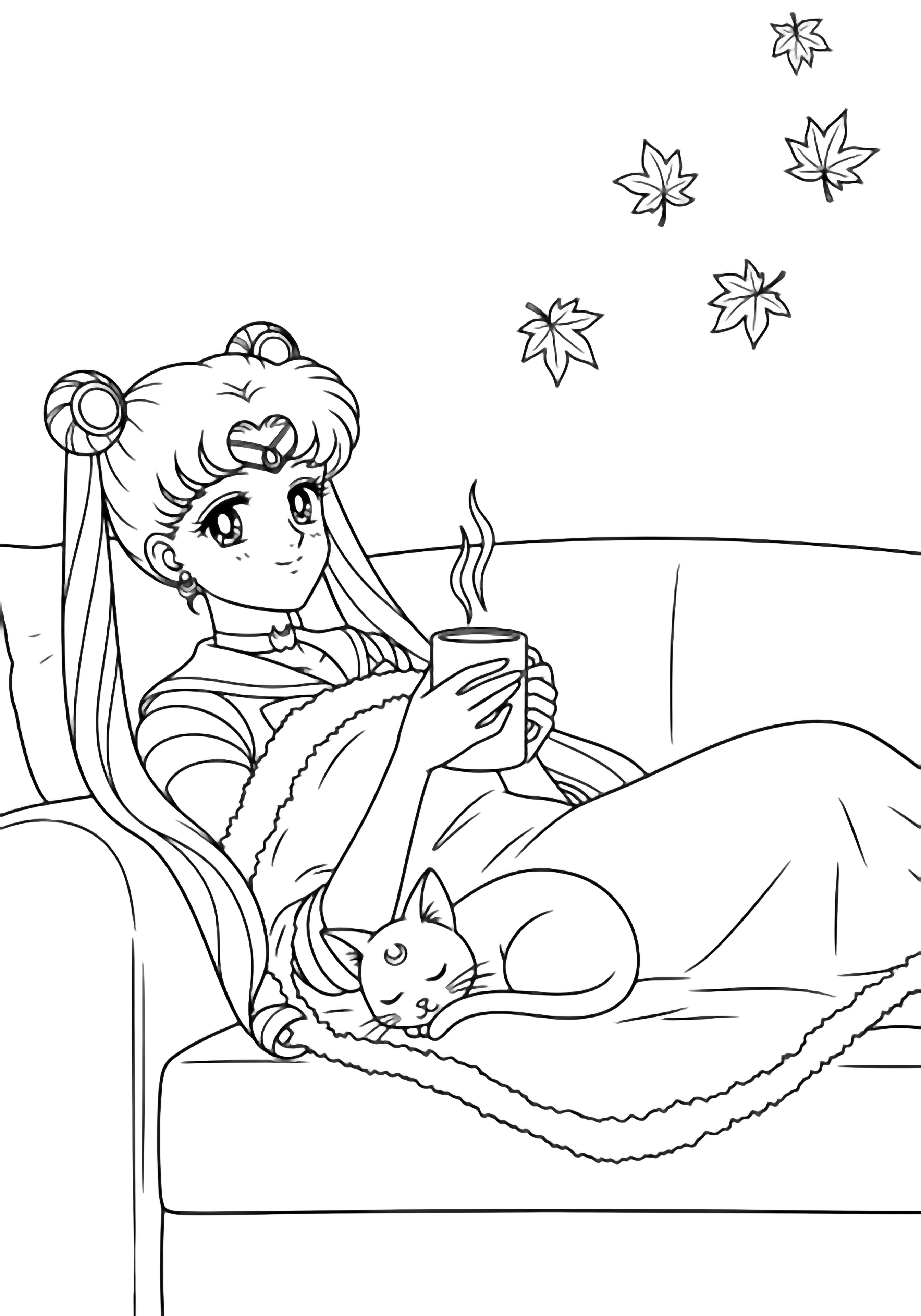 Sailor Moon reclines on a couch under a fuzzy blanket, cradling a steaming mug while Luna naps on her lap; maple leaves drift behind. kleurplaat