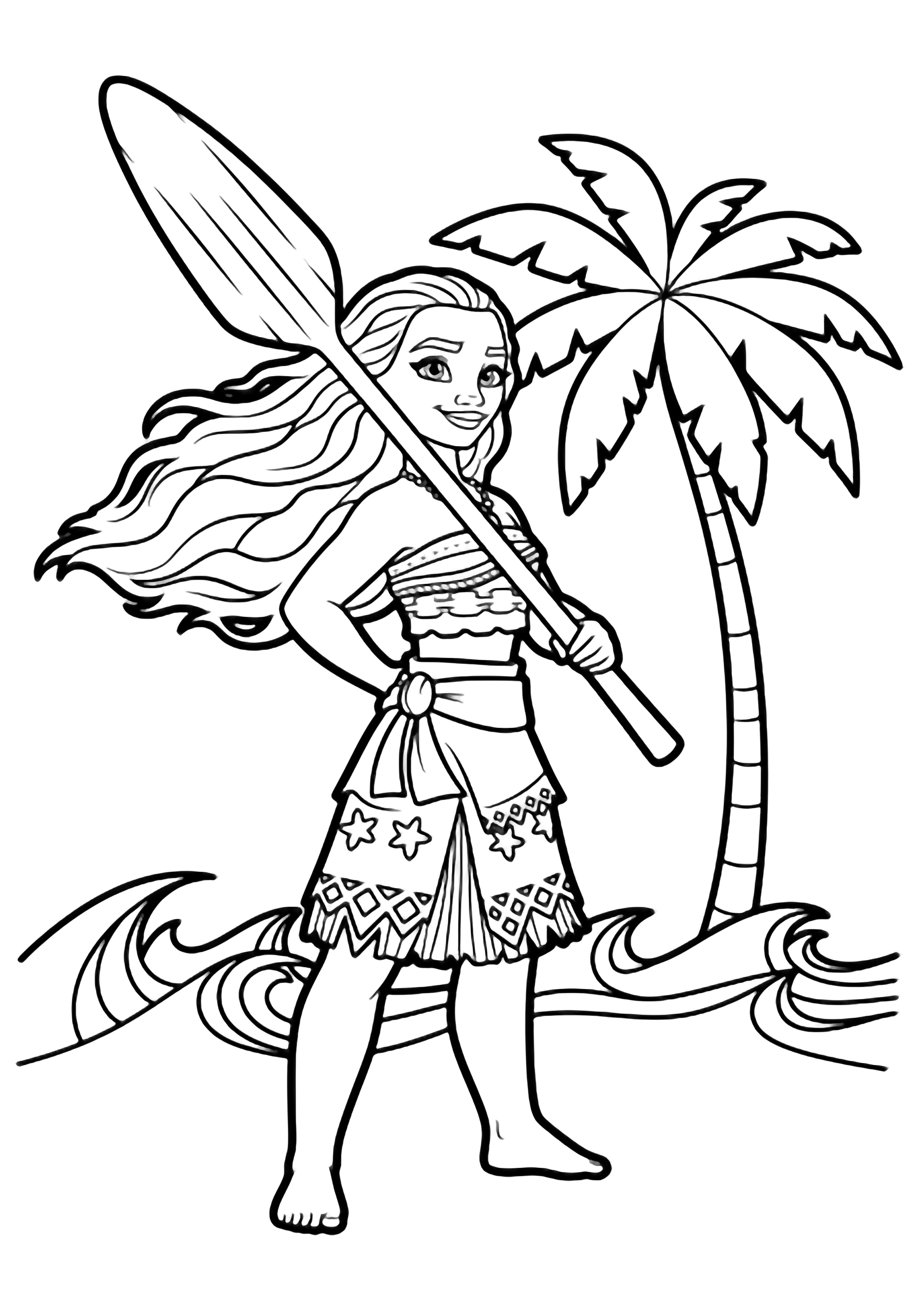 Moana in profile, long hair flowing, holding an oar across her shoulder, gentle smile, simple waves and a palm tree behind. kleurplaat