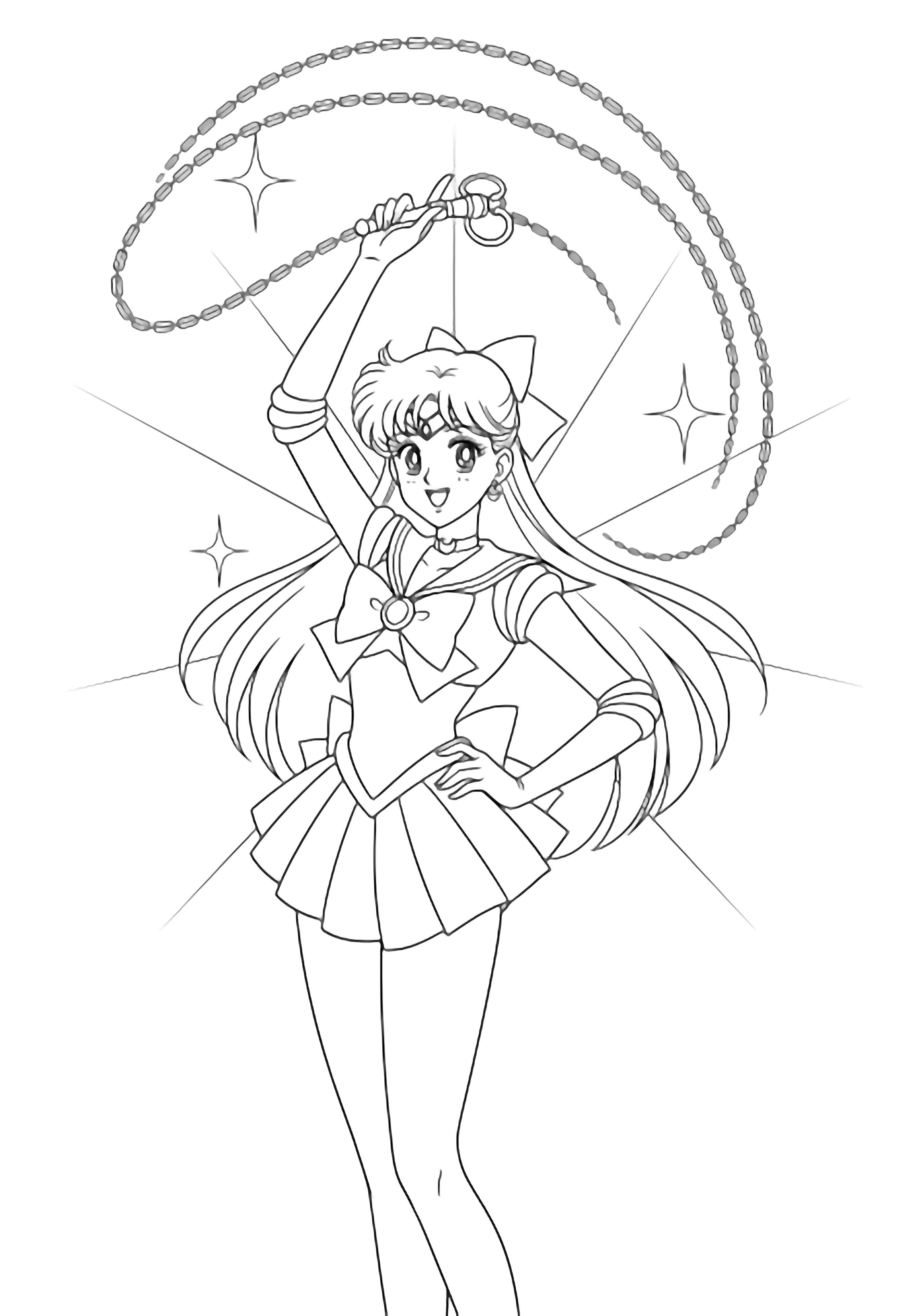 Sailor Venus twirls her chain overhead, hand on hip, long hair flowing, sailor collar and bow, starburst backdrop, cheerful pose. kleurplaat