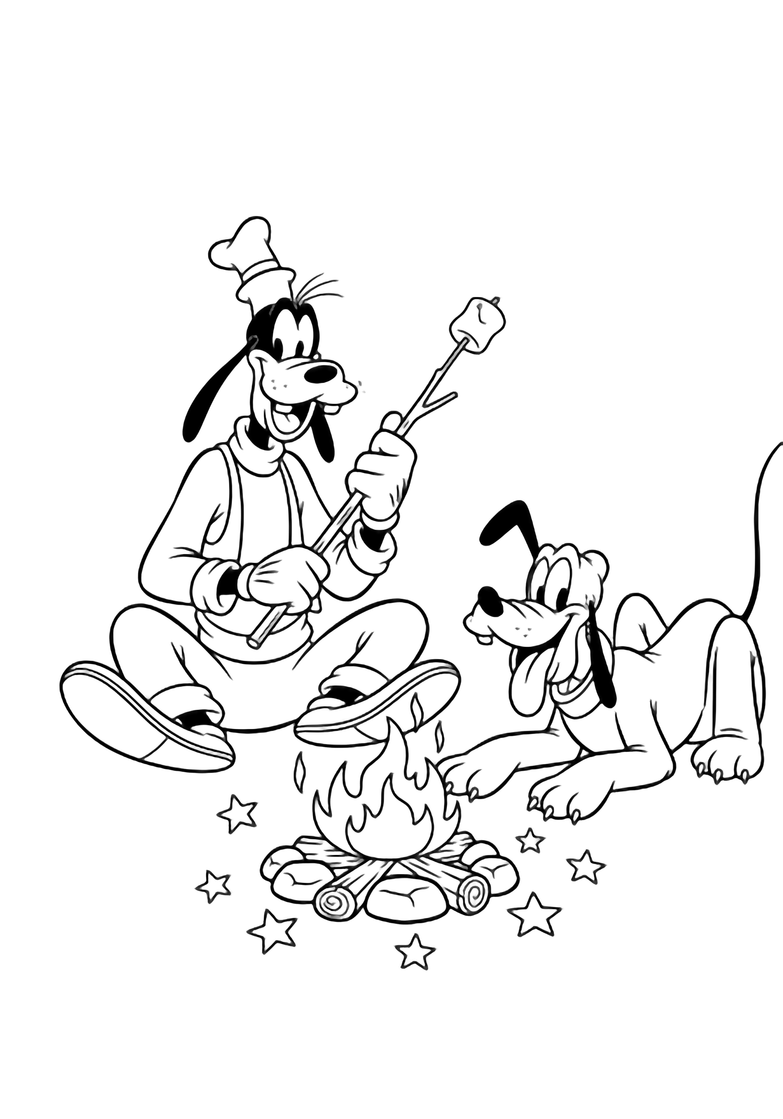 Goofy sits cross-legged toasting a marshmallow while Pluto lies beside him, tongues out, around a small campfire ringed by logs and five-point stars. kleurplaat