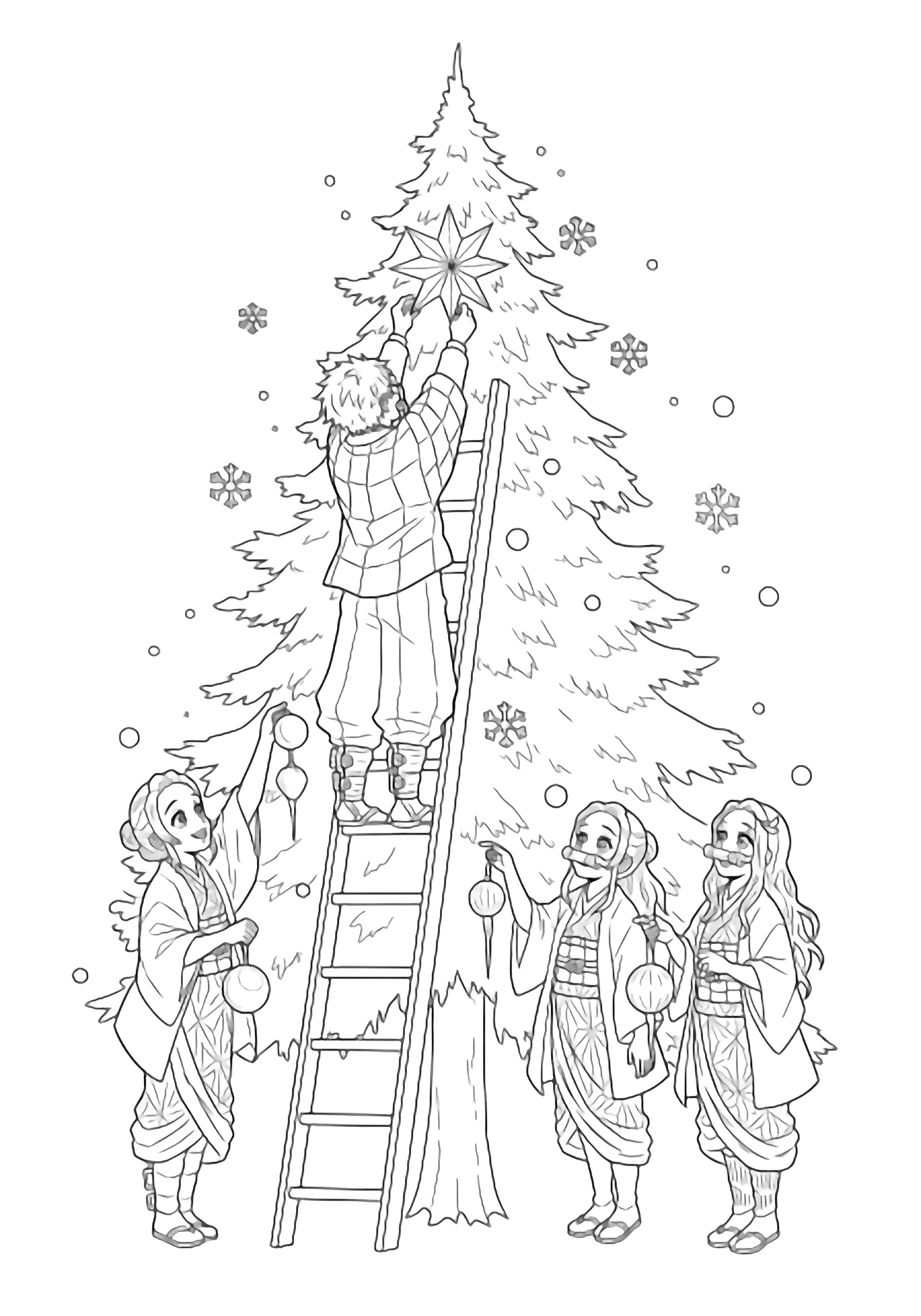 Tengen Uzui on a ladder hangs a star on a tall pine while his three wives offer more ornaments and snowflakes drift around them. kleurplaat