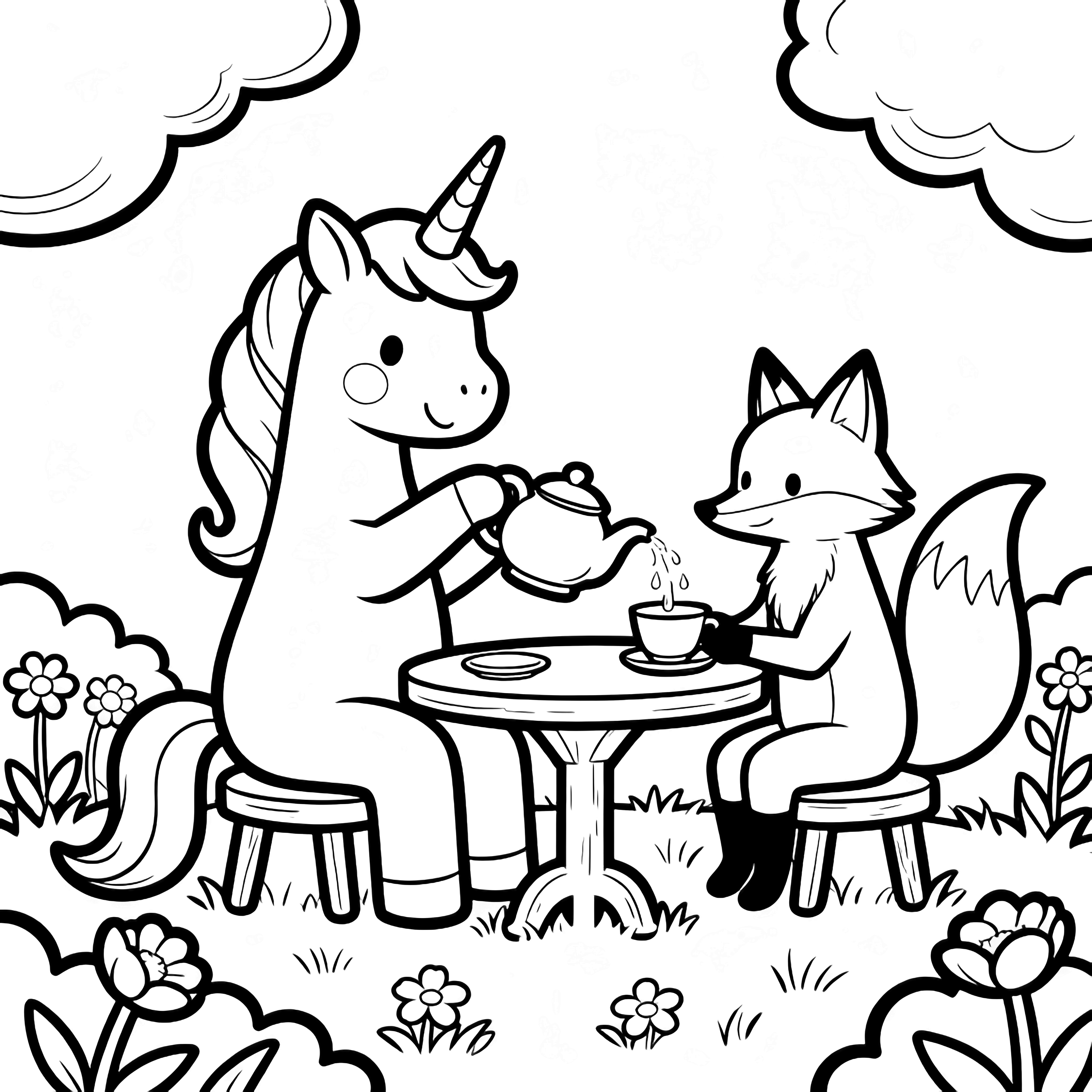 A smiling unicorn at a tiny garden table pours tea for a seated fox, framed by simple flowers and clouds. kleurplaat