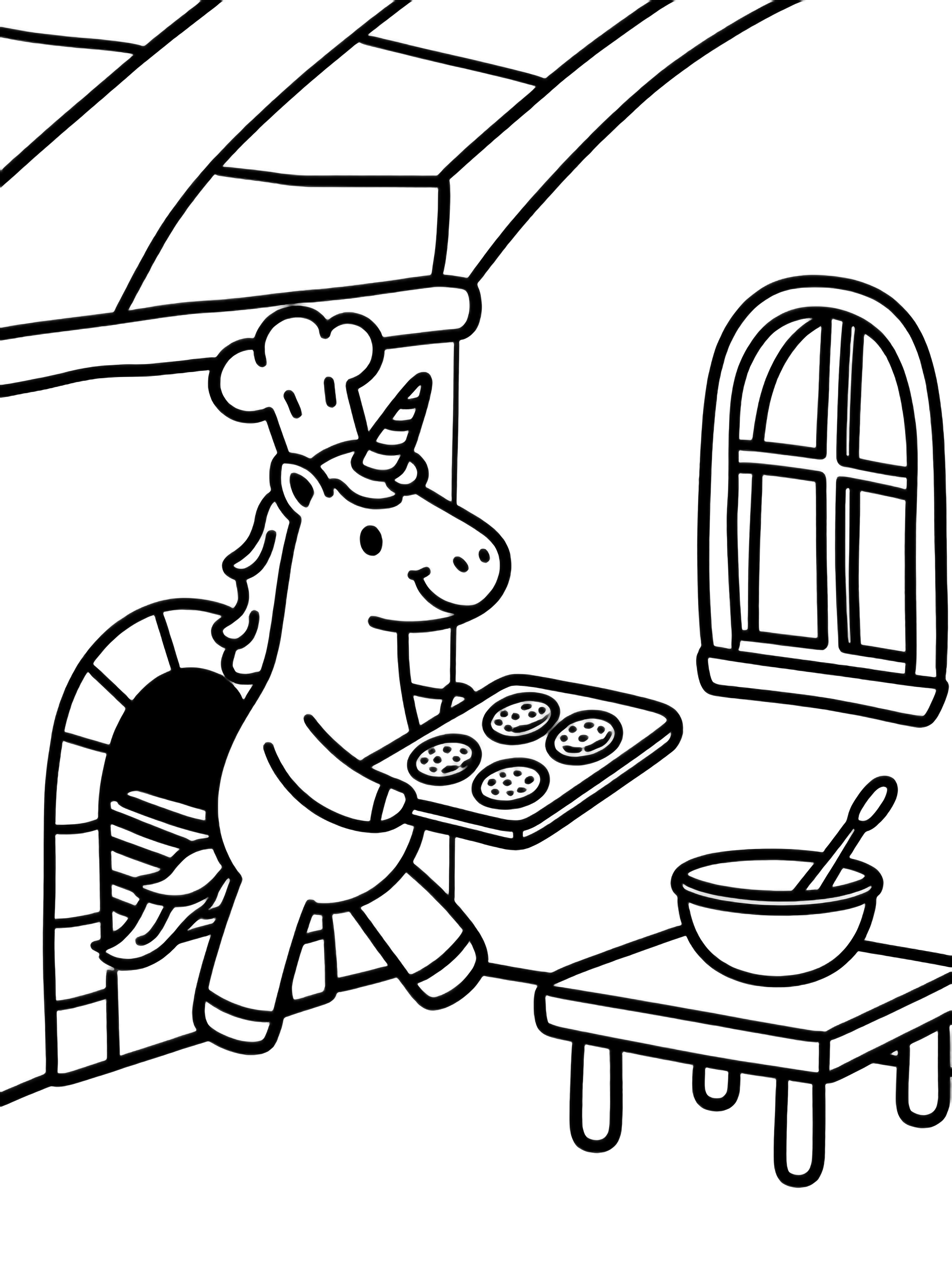 A cheerful unicorn in a chef's hat slides a tray of round cookies into a cottage oven; a window, beams, and a table with mixing bowl complete the cozy kitchen. kleurplaat