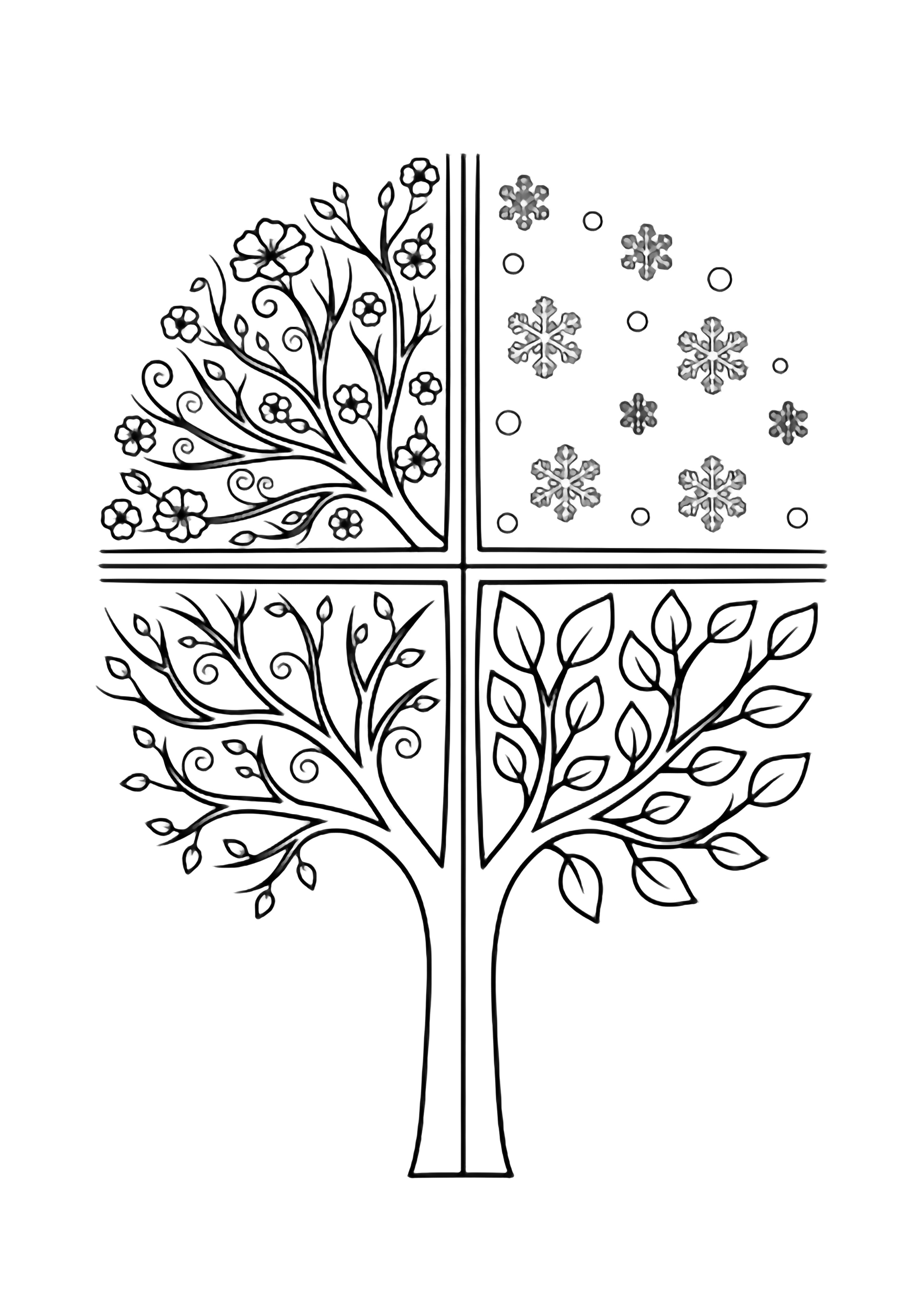 Four tall tree quadrants grow from one trunk, each with bare twisted branches, loose blossoms, gentle leaves, and drifting snowflakes. kleurplaat