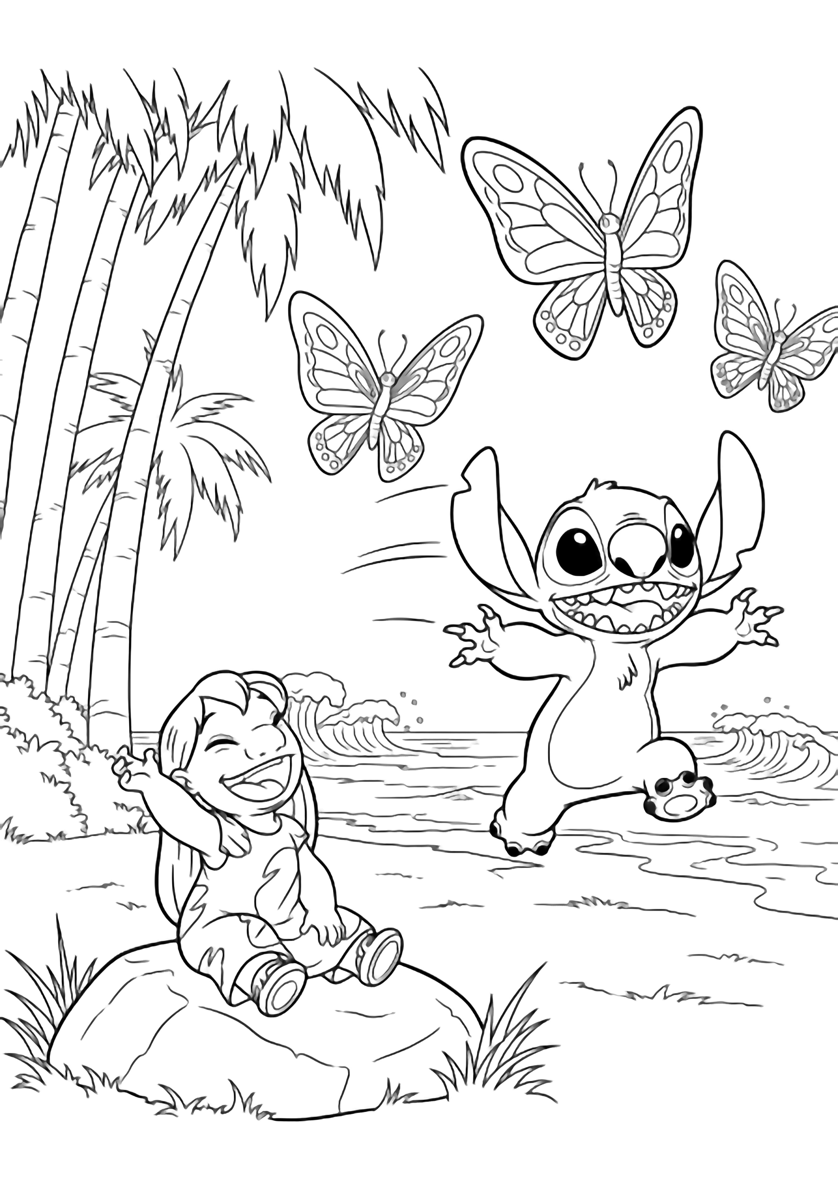 illustration on a Stitch runs with open arms after three large butterflies; Lilo sits on a low rock giggling foreground grass mid ground palm trunks distant waves all in bold empty outlines ready to color clean black kleurplaat