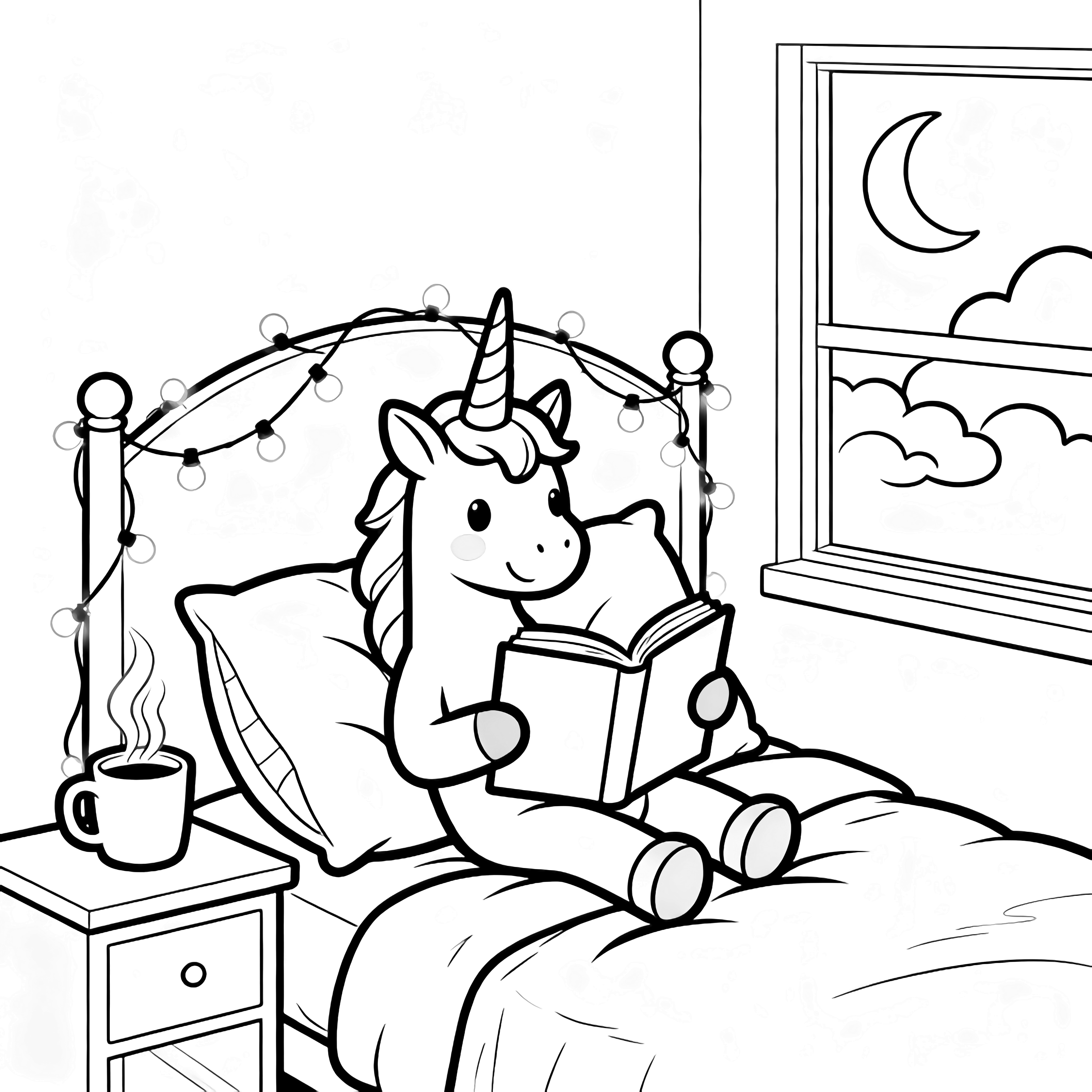 A smiling unicorn reclines on pillows, reading a book under fairy-light strings, with a steaming mug on the nightstand beside a window showing a crescent moon and drifting clouds. kleurplaat