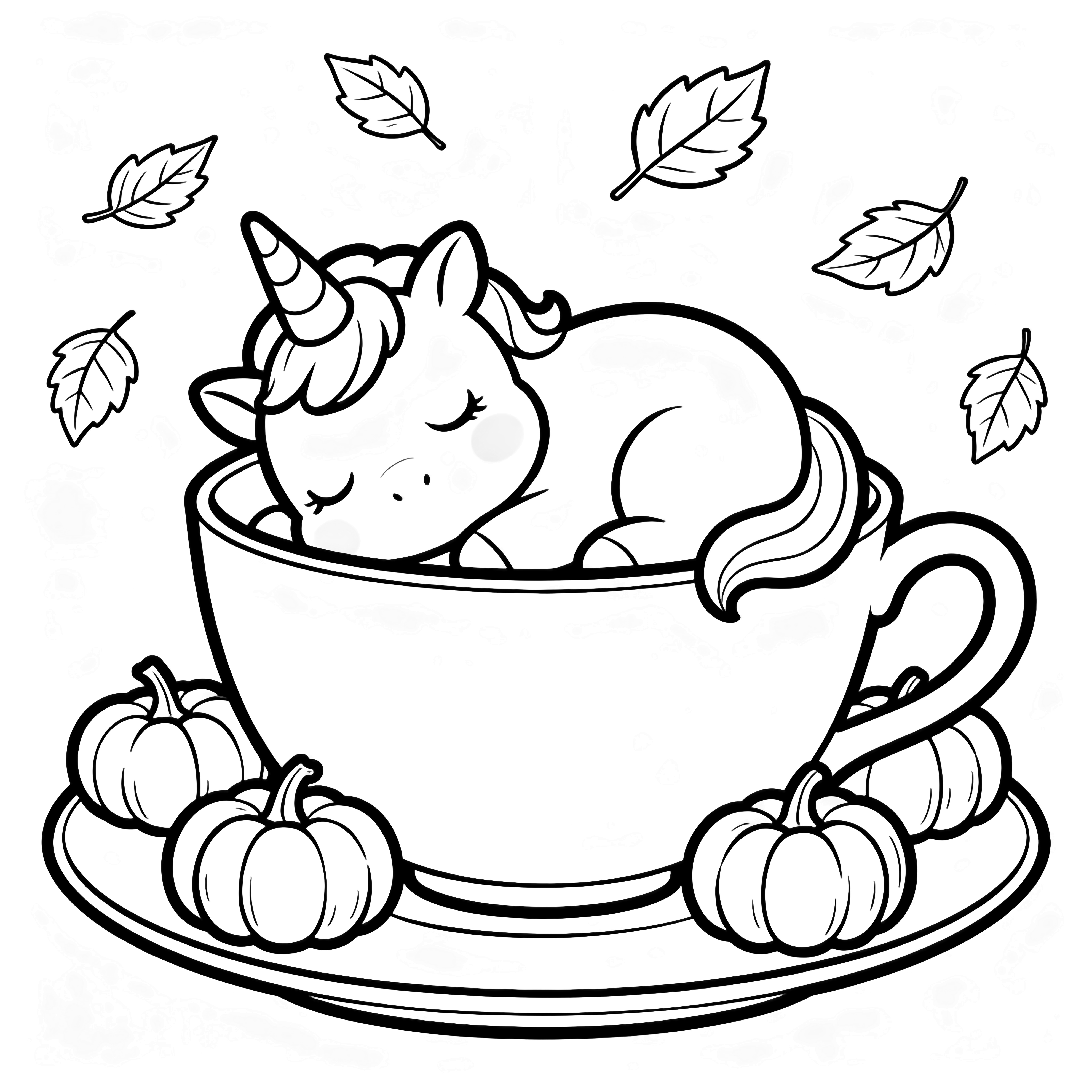 A chubby baby unicorn naps inside an oversized teacup, encircled by pumpkins, with drifting leaves overhead. kleurplaat