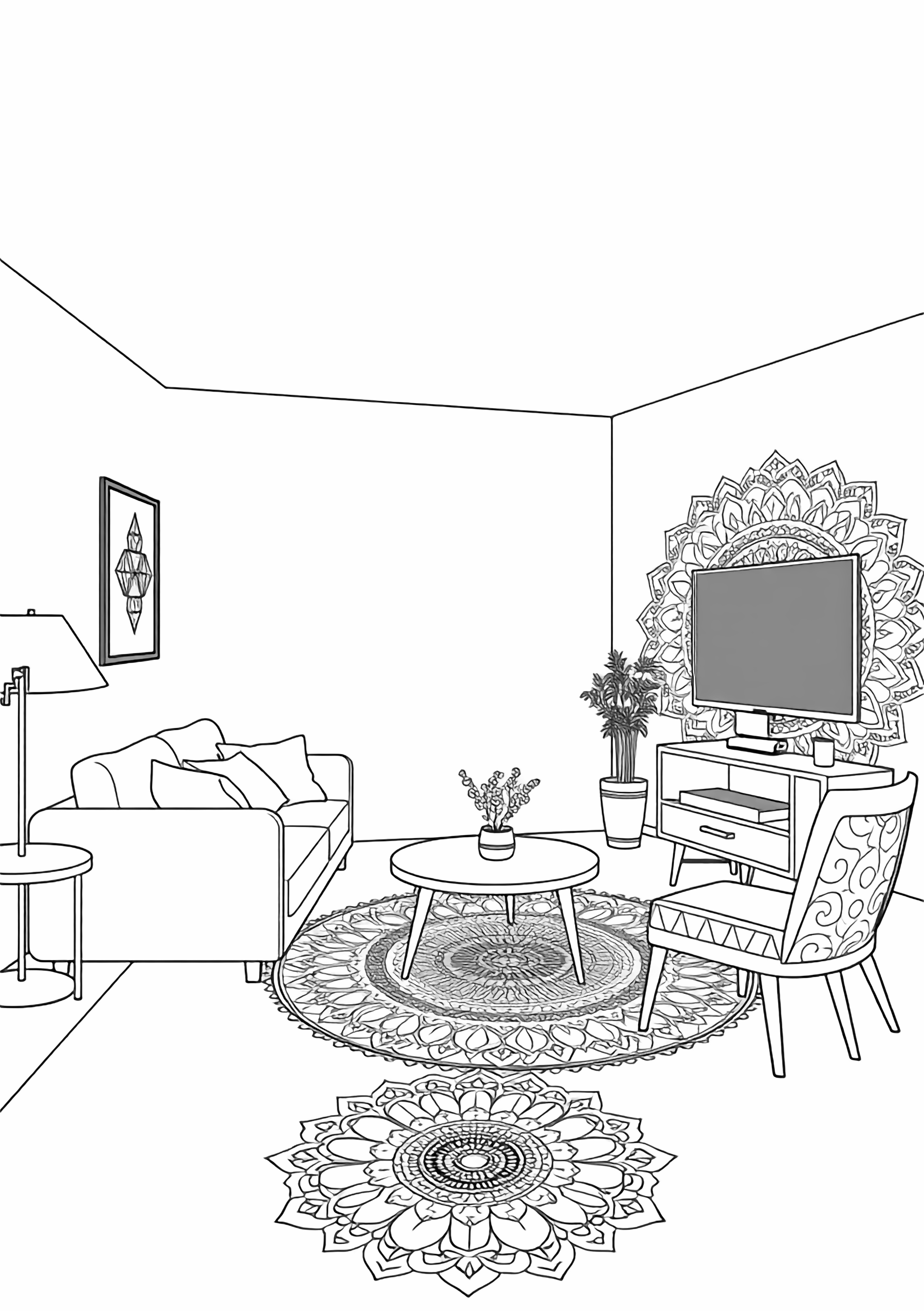 Een vrolijke kamer met een eenvoudige bank, televisietafel en stoelen – allemaal klaar om door jou ingekleurd te worden. Het enige drukke zijn de mooie mandala-muren: leuk en makkelijk om in te kleuren. Schone zwart-witte lijntekening, minimale schaduw, geen kleur, geen vulling. kleurplaat