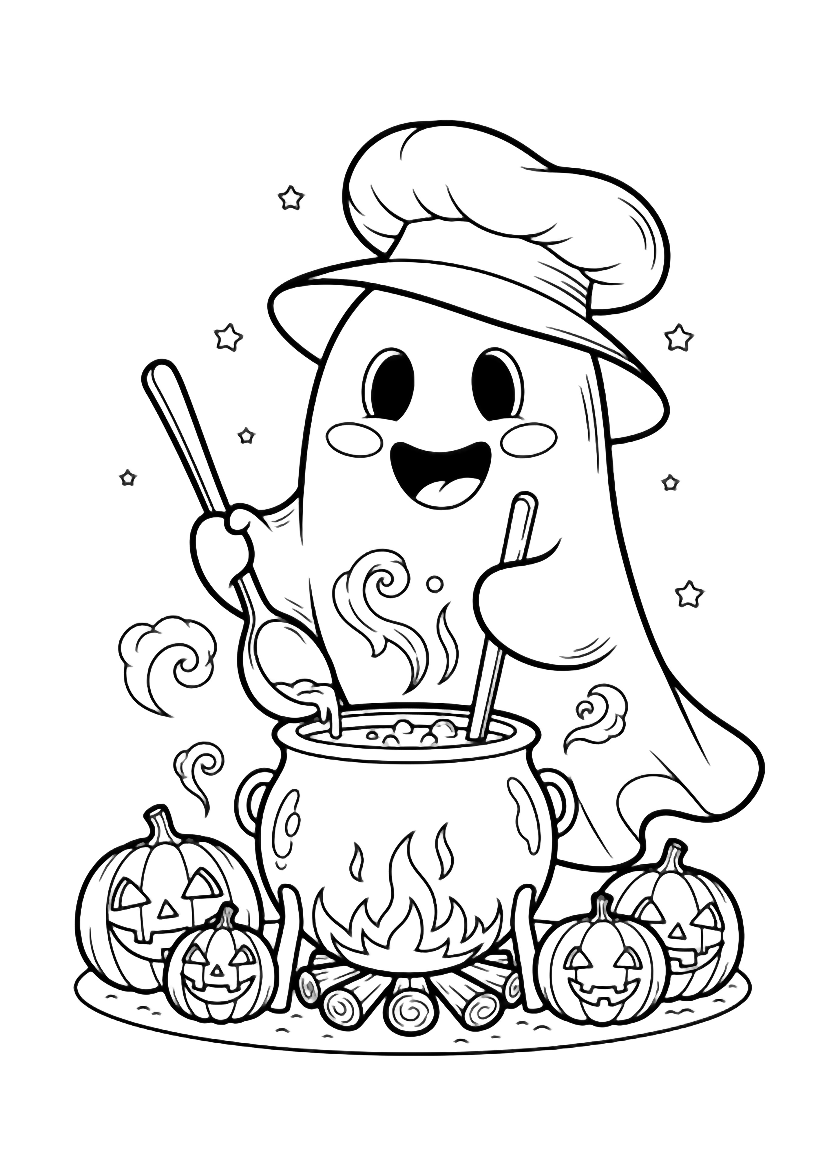 A cheerful ghost in a floppy chef's hat stirs a steaming cauldron over a campfire, flanked by three grinning jack-o'-lanterns, with stars above a simple ground line. kleurplaat
