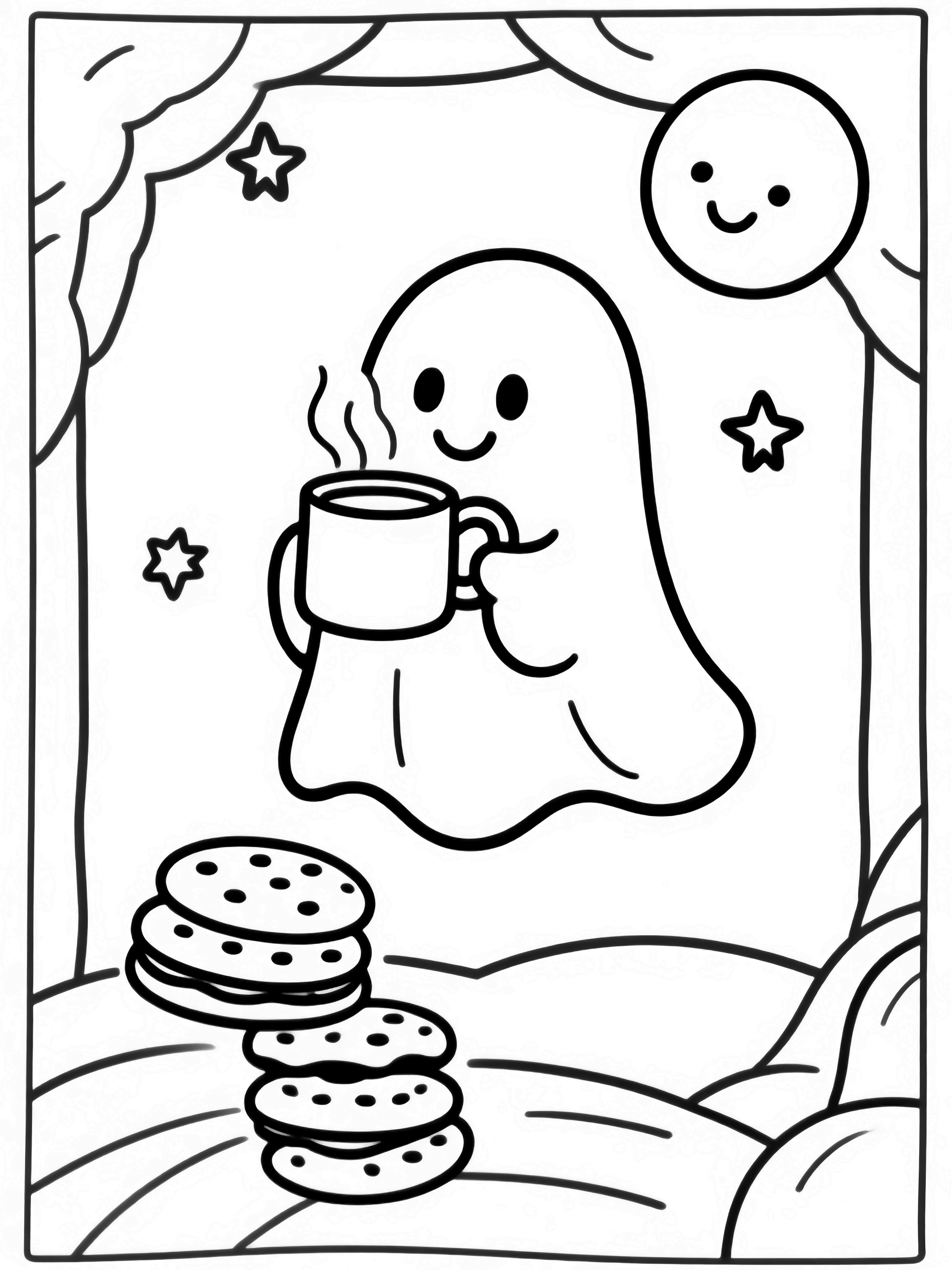 A smiling ghost hovers, clutching a steaming mug; two stacked cookies drift nearby, framed by simple stars and a cheerful moon. kleurplaat