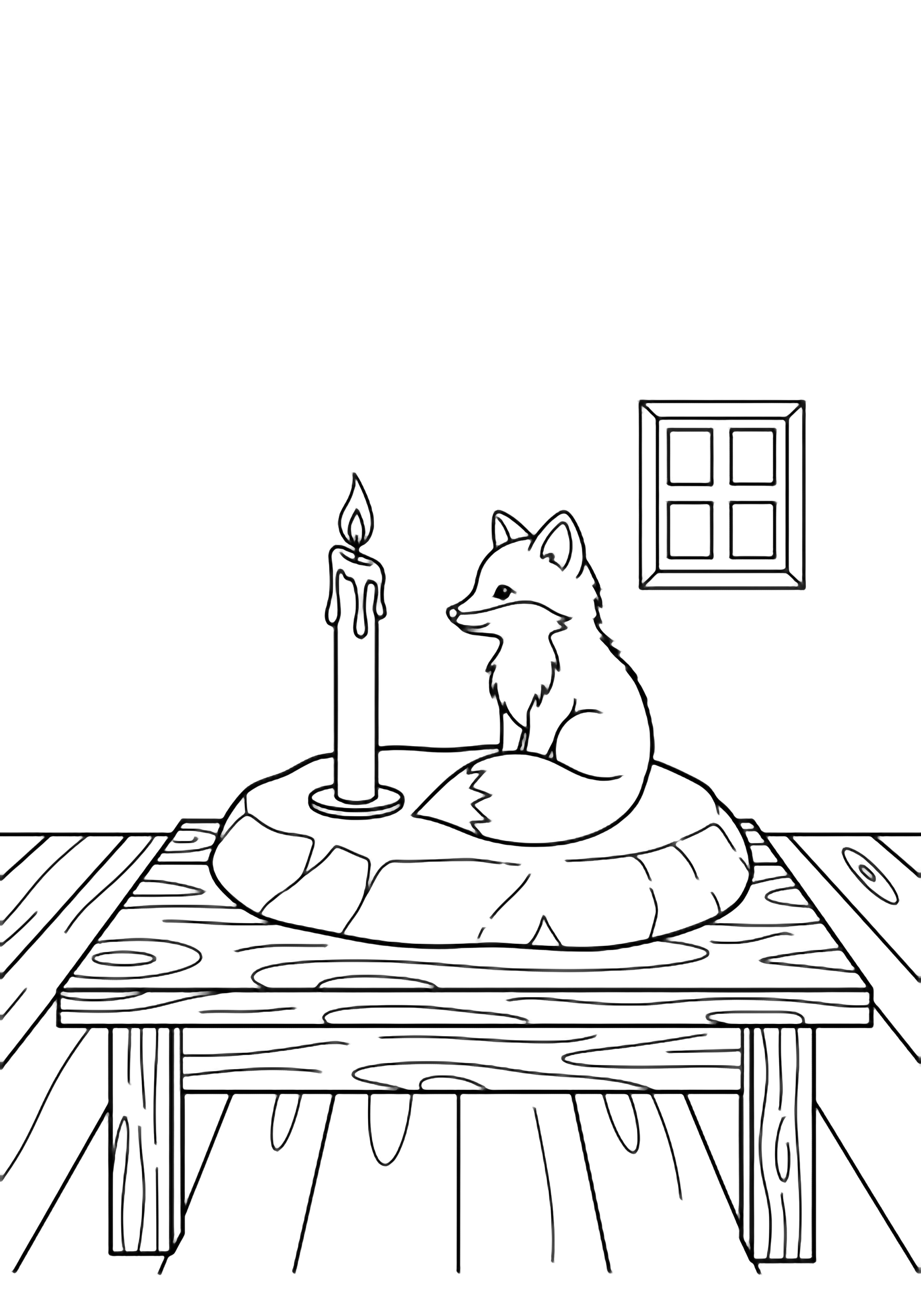 Tiny fox on rock, tail curled, facing tall candle on wooden table; four-pane window beyond floorboards. kleurplaat