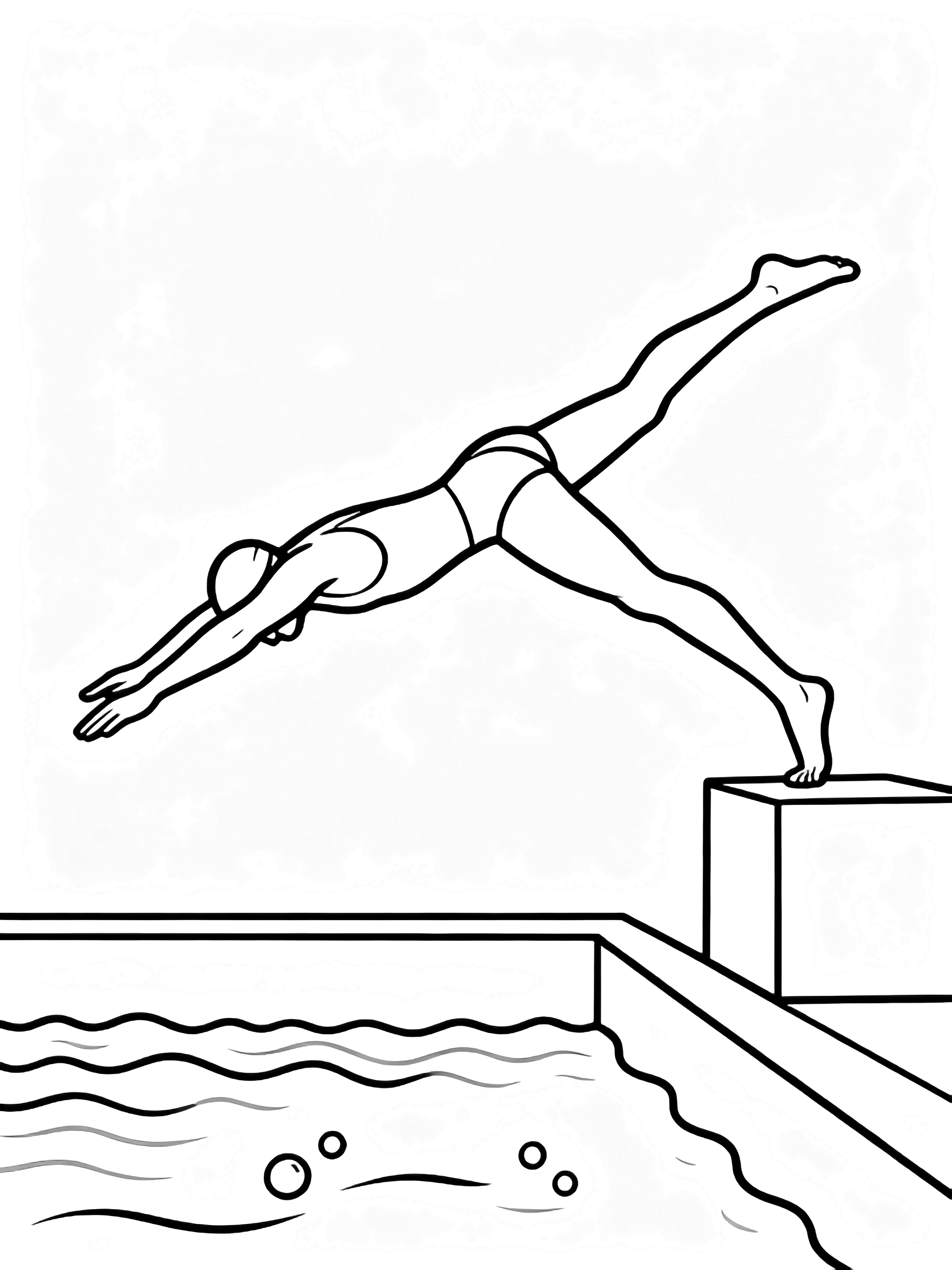 Sleek swimmer mid-dive, arms forward, toes pointed, leaving block; rippling water line, bubbles, rectangular pool edge. kleurplaat