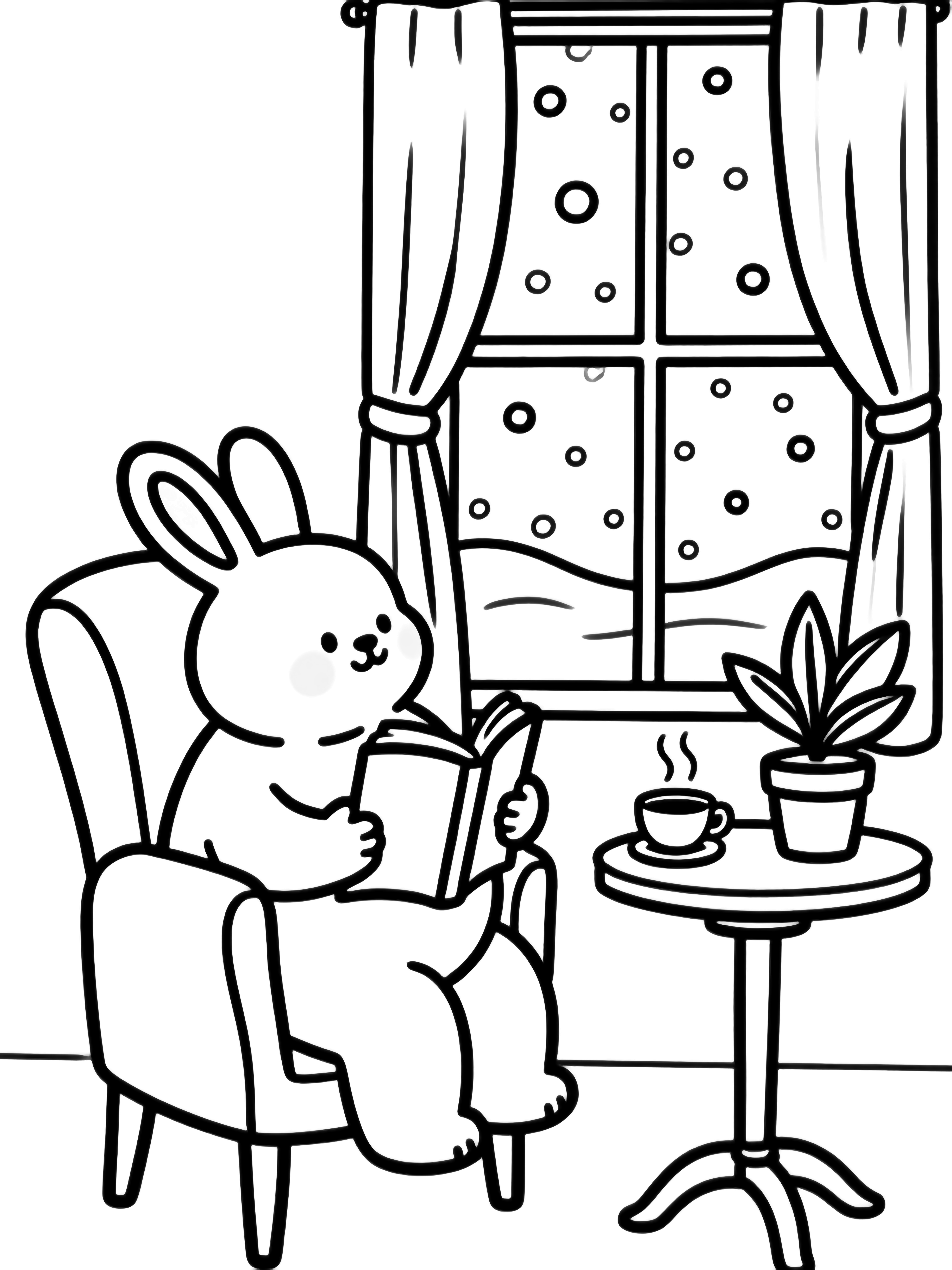 A plump bunny in a high-backed chair reads by a window, watching snowflakes drift outside; a steaming teacup rests on a nearby table beside curtains and a potted plant. kleurplaat