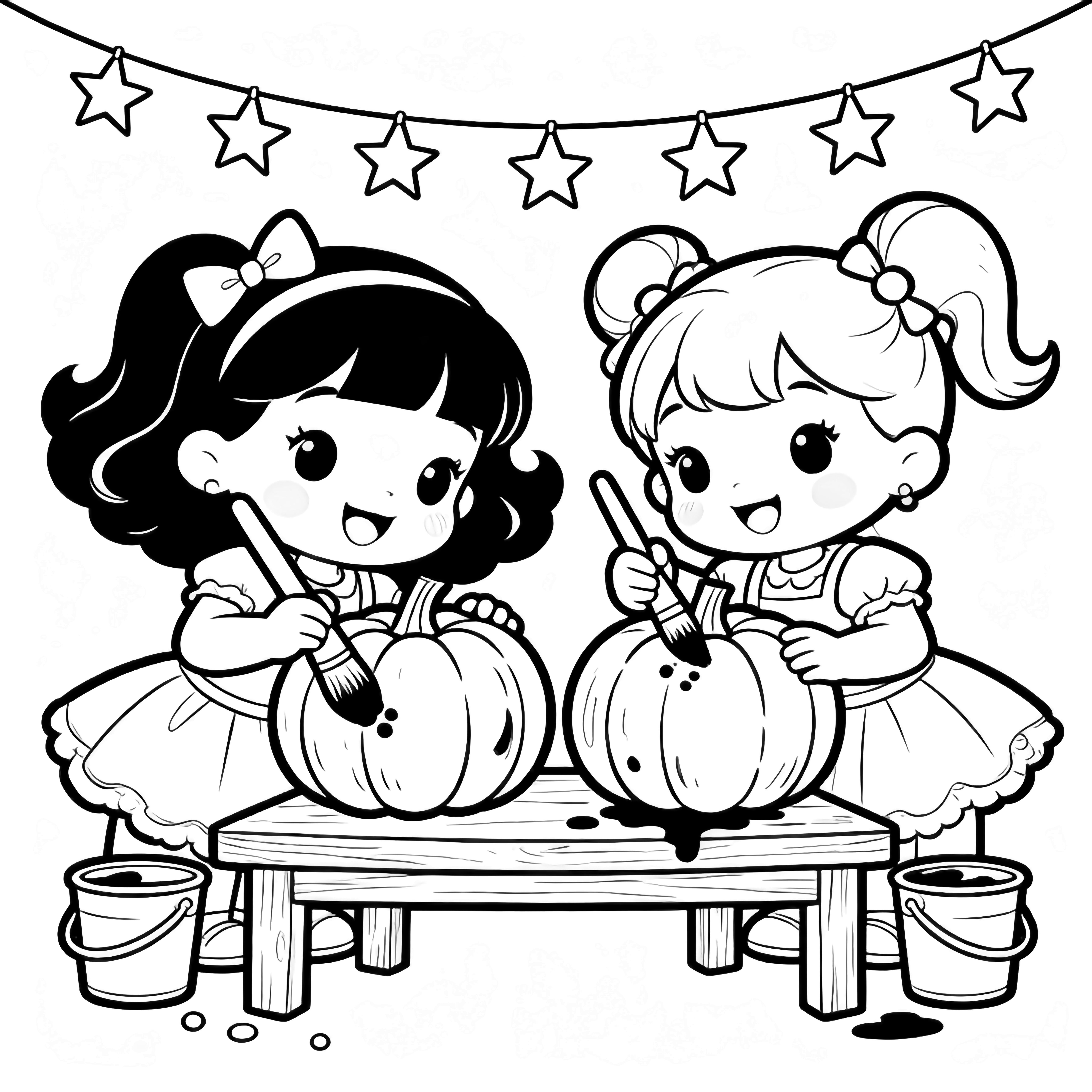 Diva and Bon Bon lean over a small wooden table, happily painting round pumpkins with big brushes and paint pots, smiling beneath a star banner with tiny spilled dots. kleurplaat