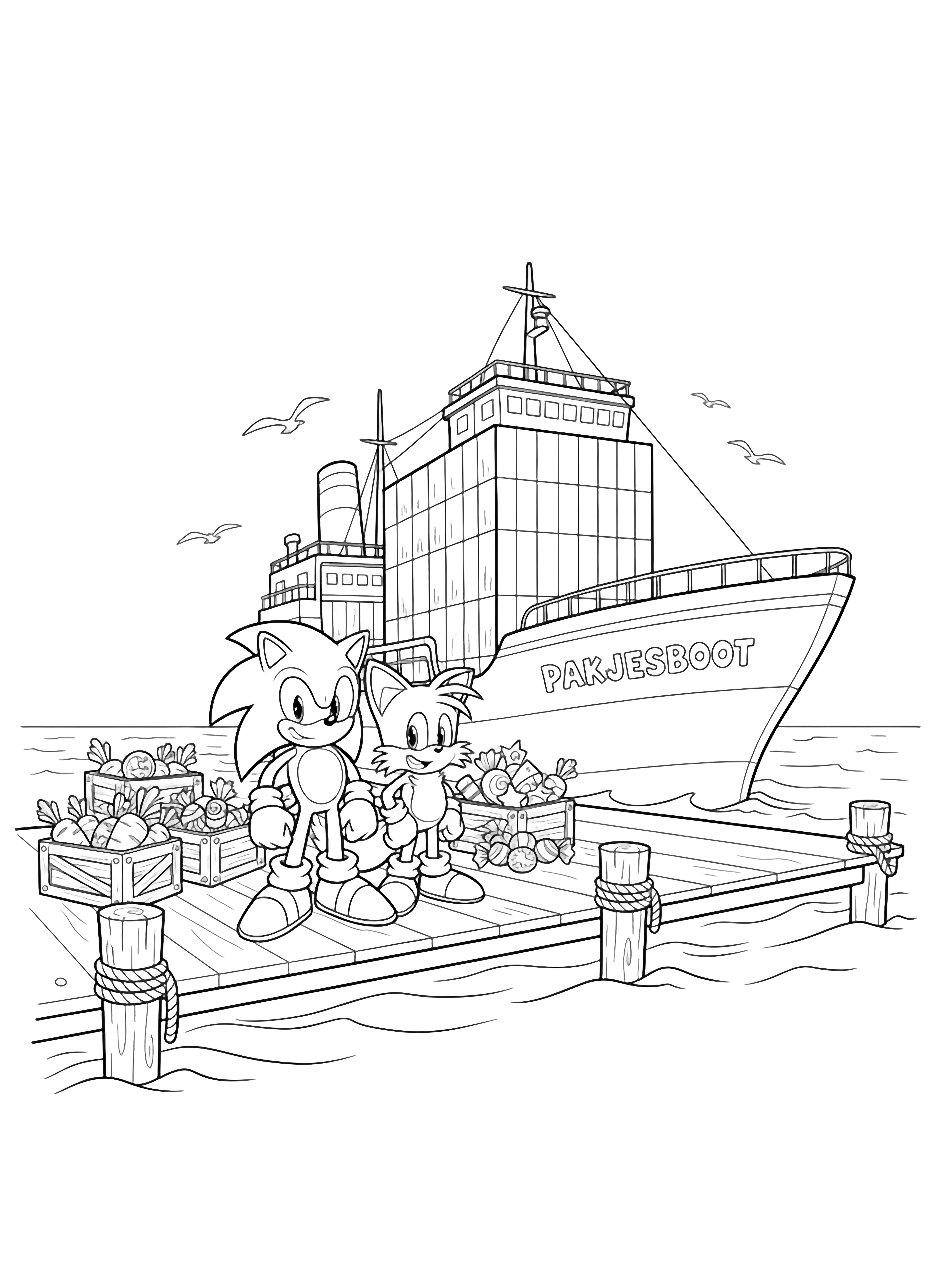 Sonic and Tails smile on a dock next to a cargo ship, open crates of carrots and sweets, ropes, seagulls, gentle waves, pier posts. kleurplaat