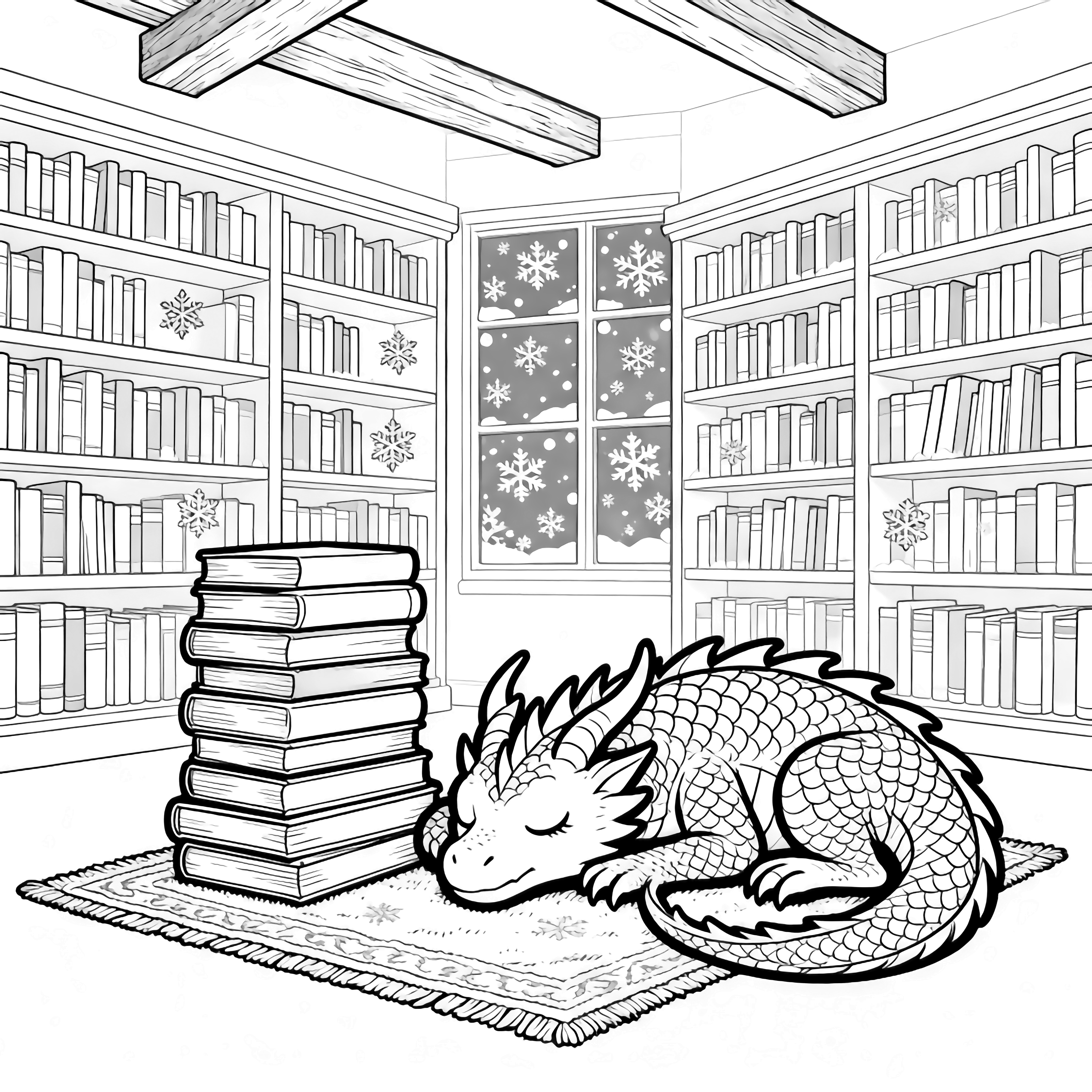 Sleeping dragon curled beside stacked books on a rug, snow drifting past tall library shelves and beams. kleurplaat
