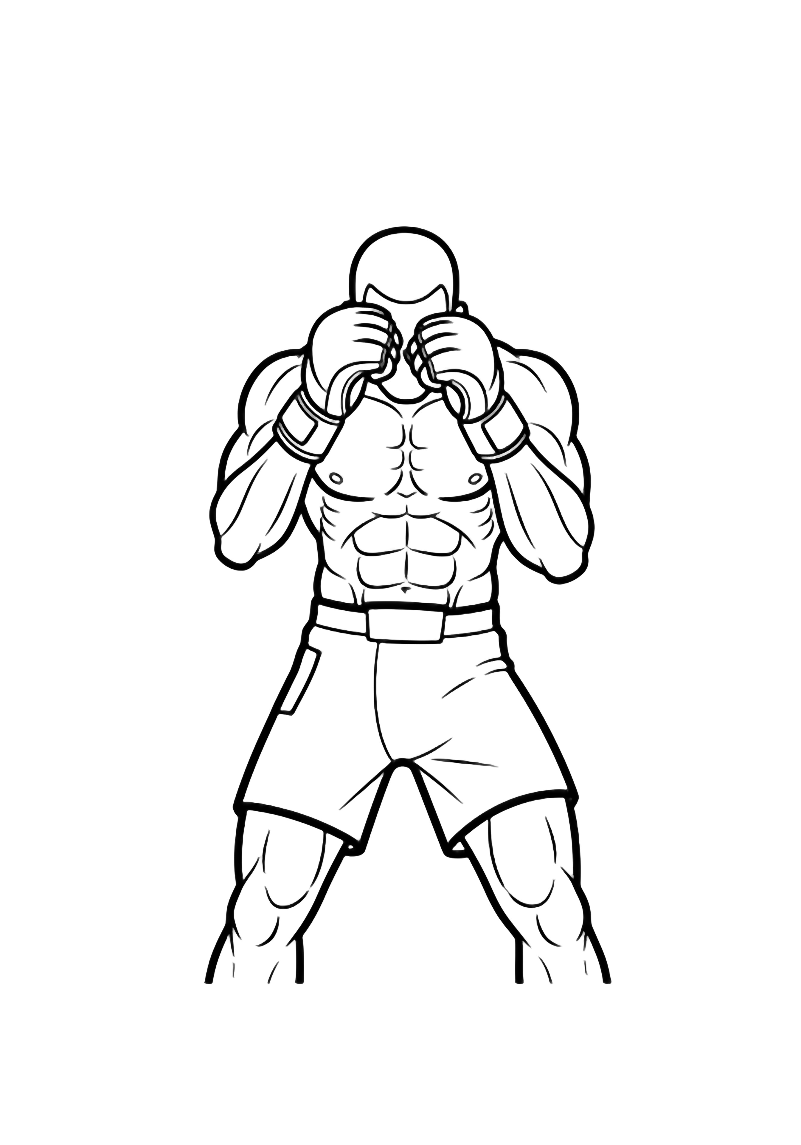 Muscular MMA fighter in guard stance, gloves raised, wearing shorts and hand wraps, bold simple outlines kleurplaat