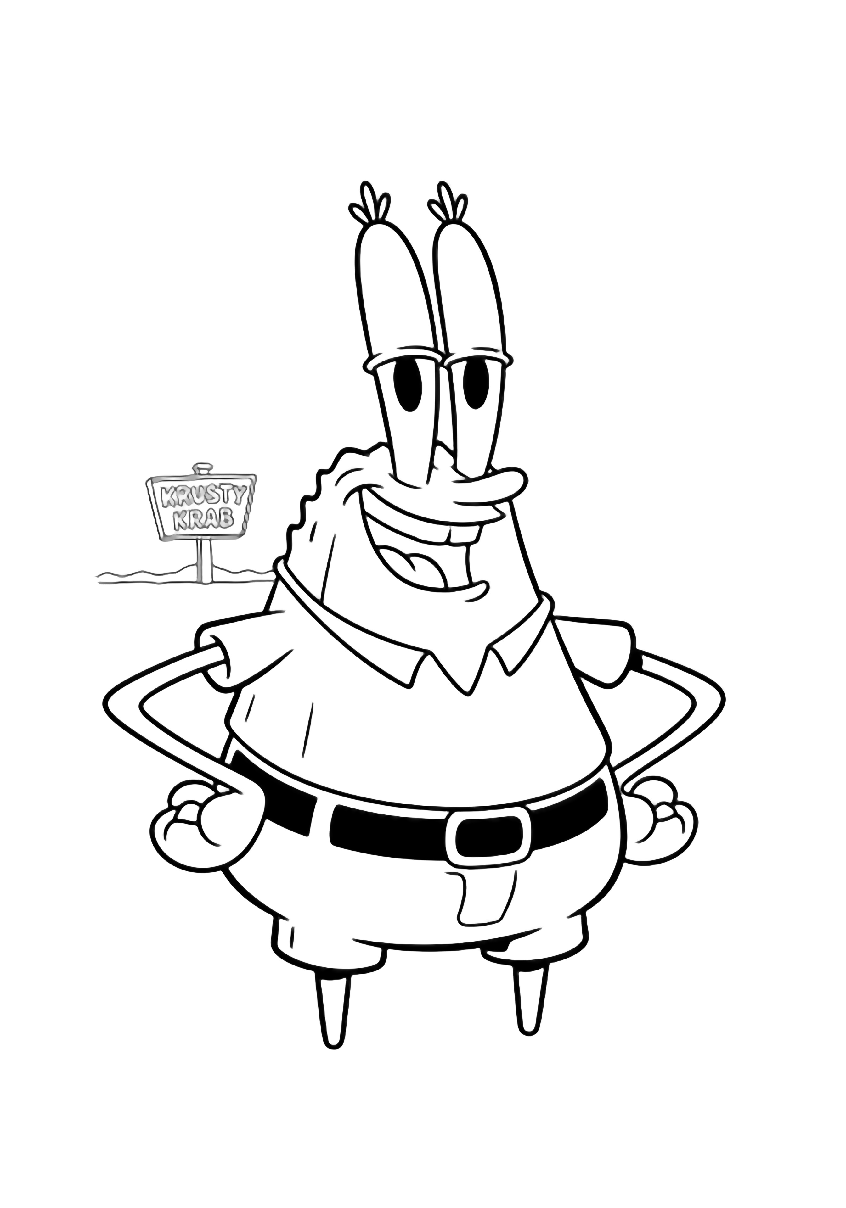 Mr. Krabs stands smiling with claws on hips, tiny Krusty Krab sign behind him. kleurplaat