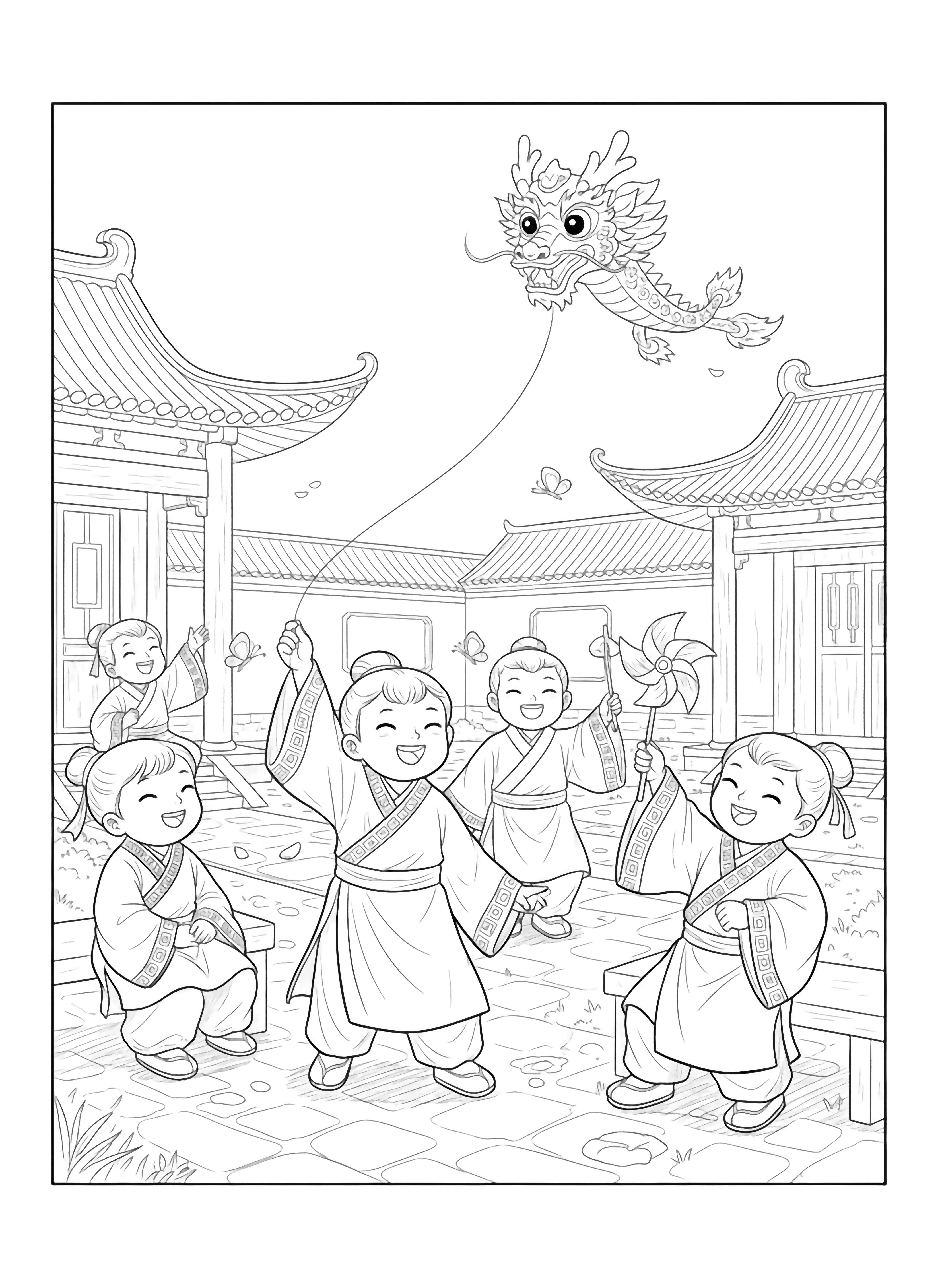 A black and white page set in the ancient Chinese empire showing cheerful children playing in a peaceful courtyard The children wear traditional hanfu robes with simple geometric patterns on the sleeves and sashes One child flies a delicate paper kite shaped like a dragon while another holds a spinning pinwheel They are surrounded by clean black and white line drawing minimal shading no colour no fill kleurplaat