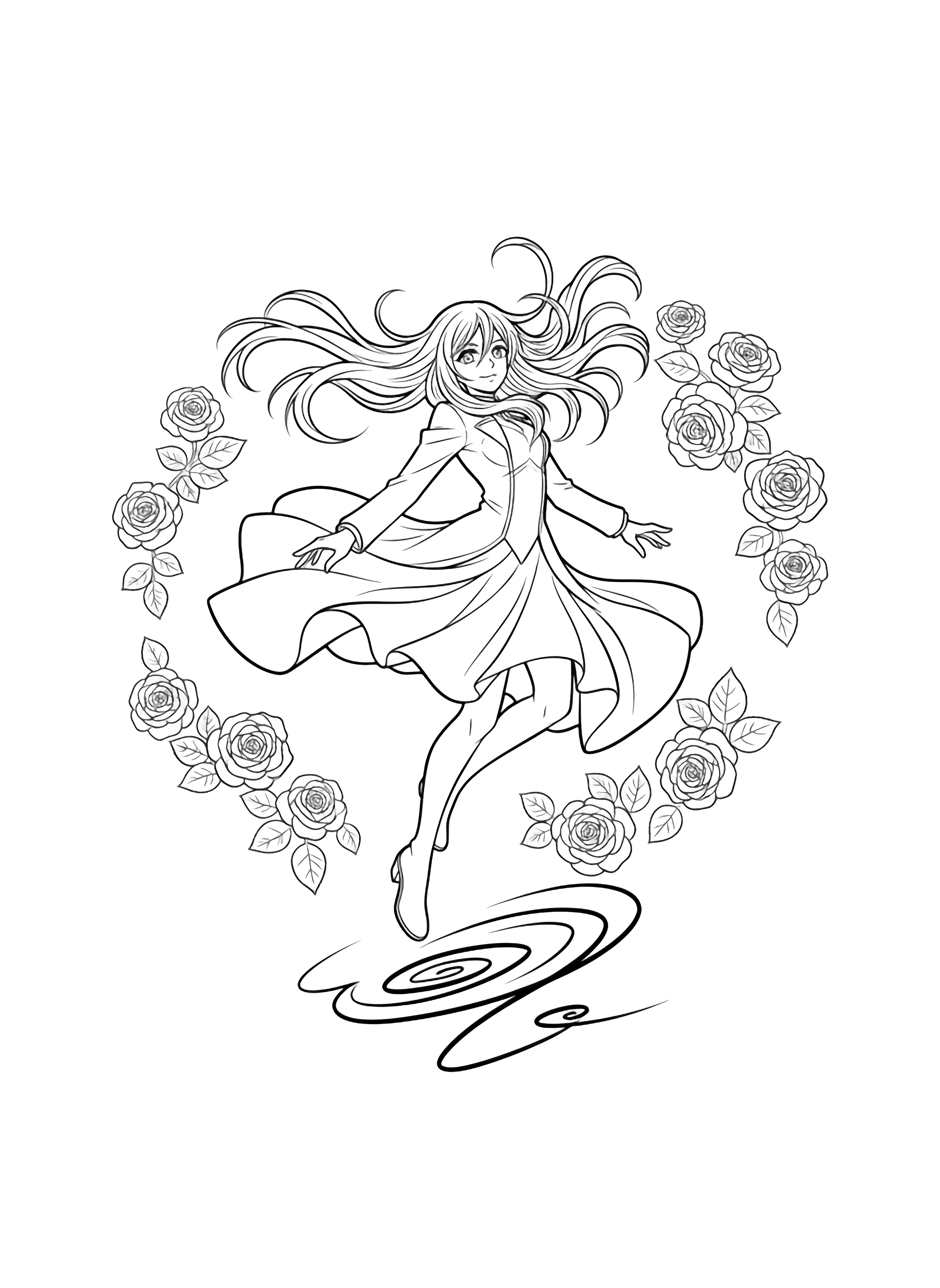 Yor Forger twirls mid-air, hair and coat hems swirling, single-line roses drifting around her in a half-circle frame, minimal floor swirl below. kleurplaat