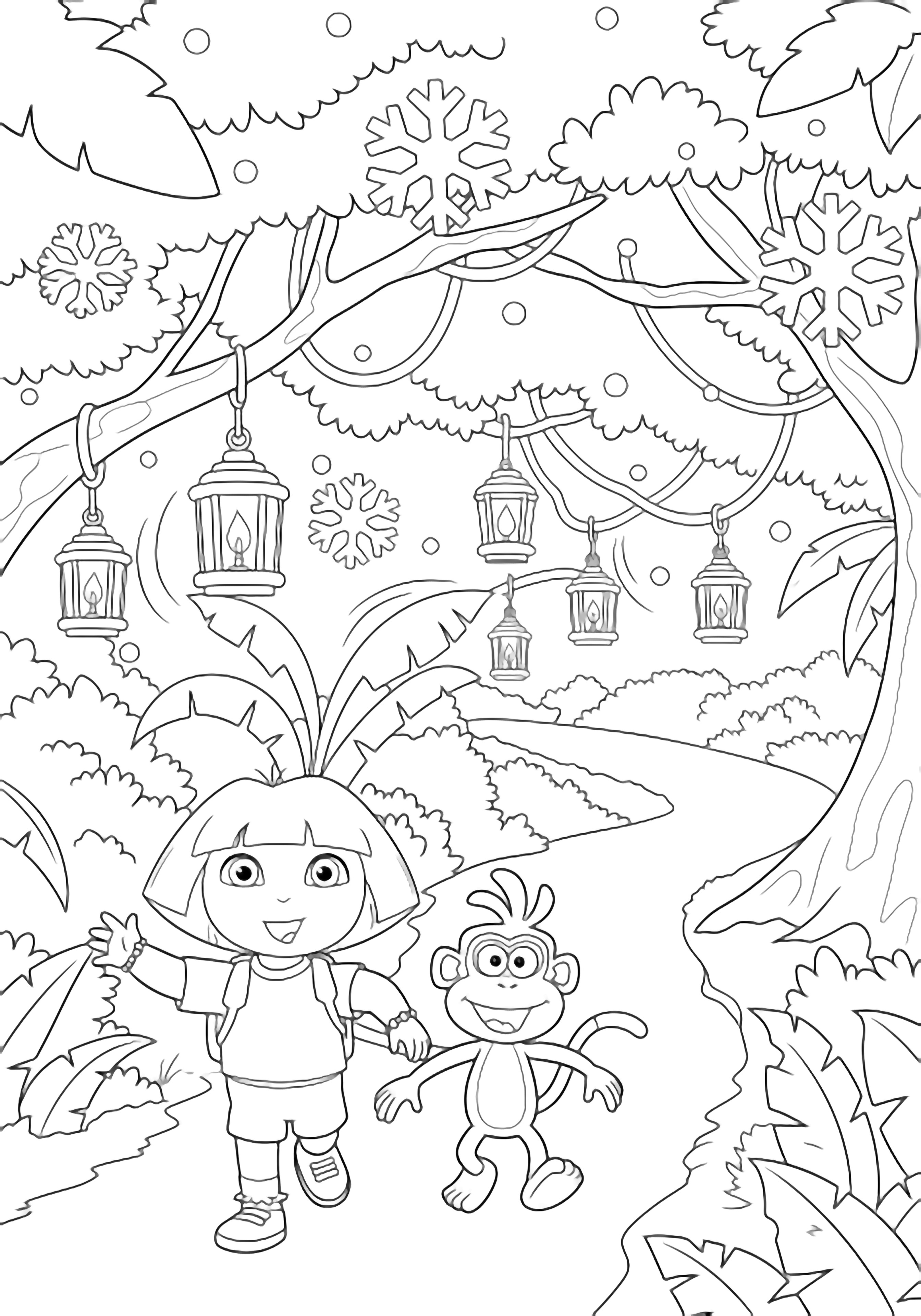 illustration on a Dora and Boots stroll along a jungle path; large snowflakes drift above curling vines while simple Christmas lanterns hang from branches all in crisp black outlines on white spaces ready for clean black kleurplaat