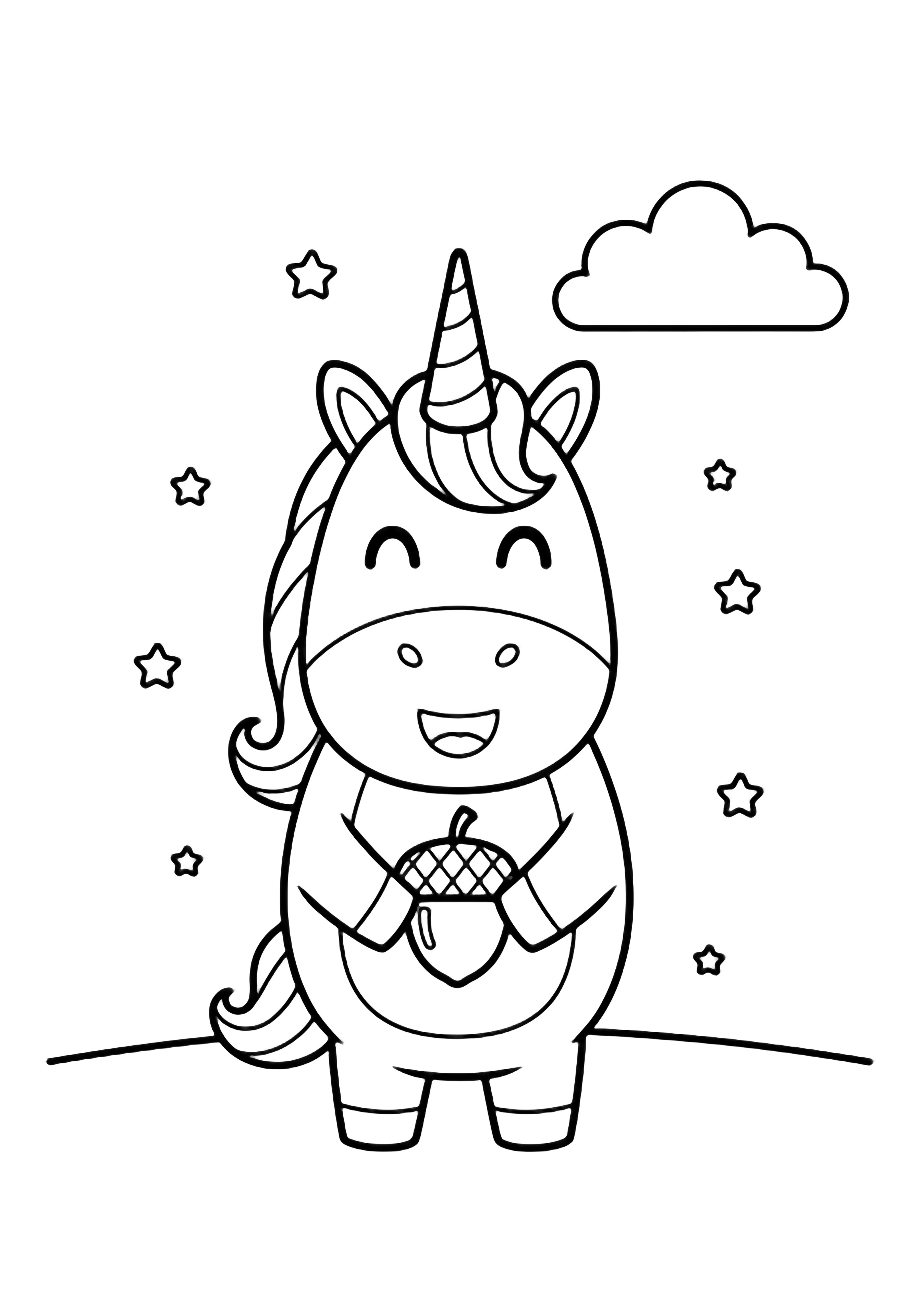 A cheerful, plump unicorn with a curled mane, clutching an acorn, tiny stars above, one cloud behind. kleurplaat