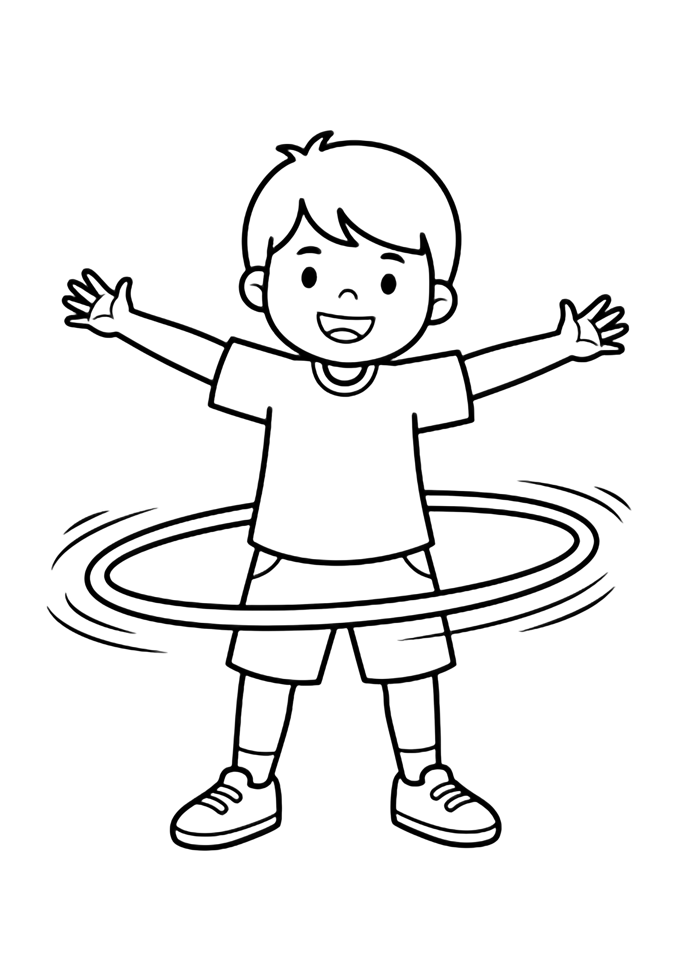 A happy child stands with arms out, spinning a big circular hula-hoop, wearing T-shirt, shorts, and sneakers. kleurplaat