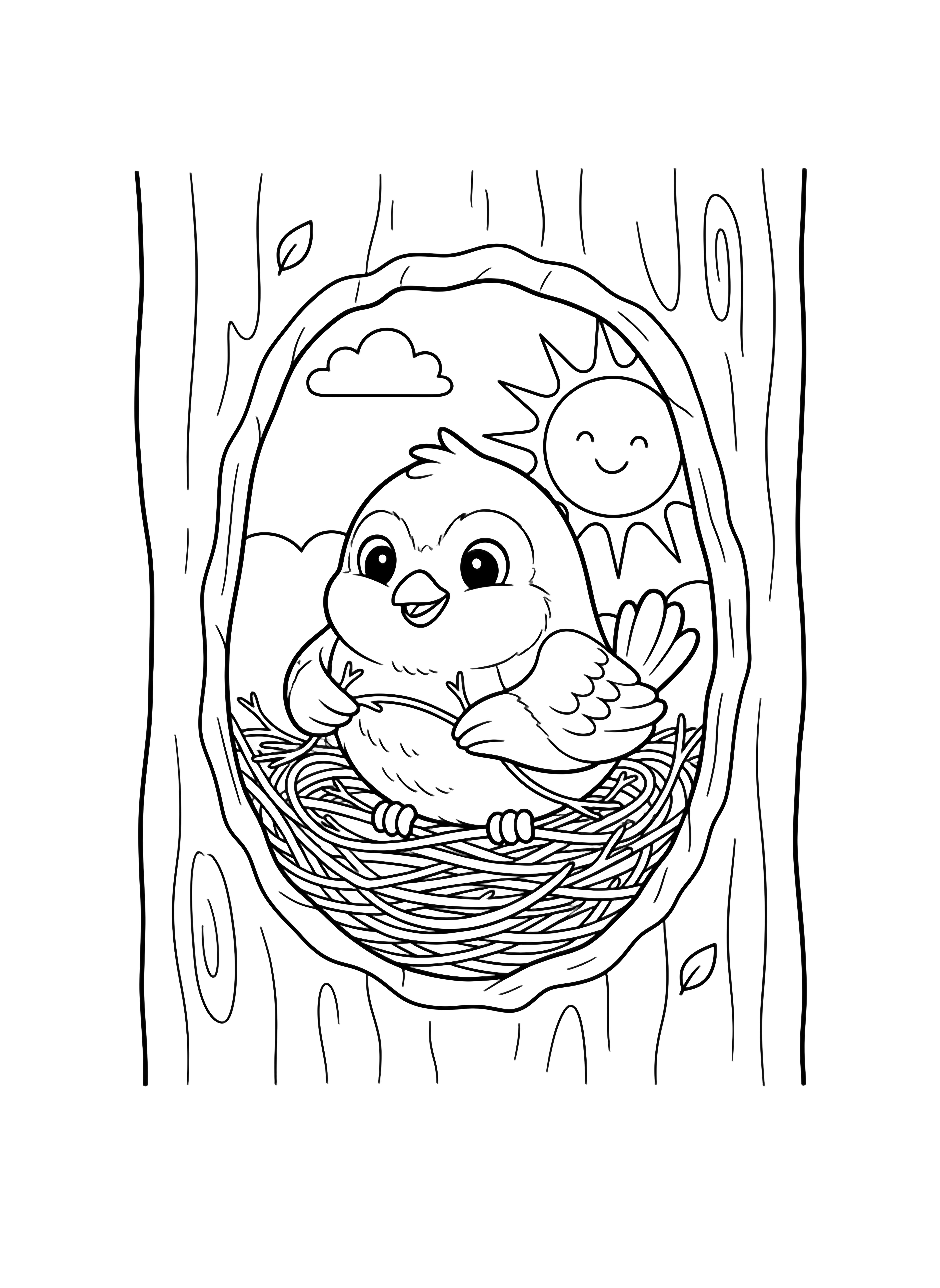 A plump bird weaves twigs into a round nest inside a hollow tree trunk, framed by bark texture, tiny leaves, and a smiling sun. kleurplaat