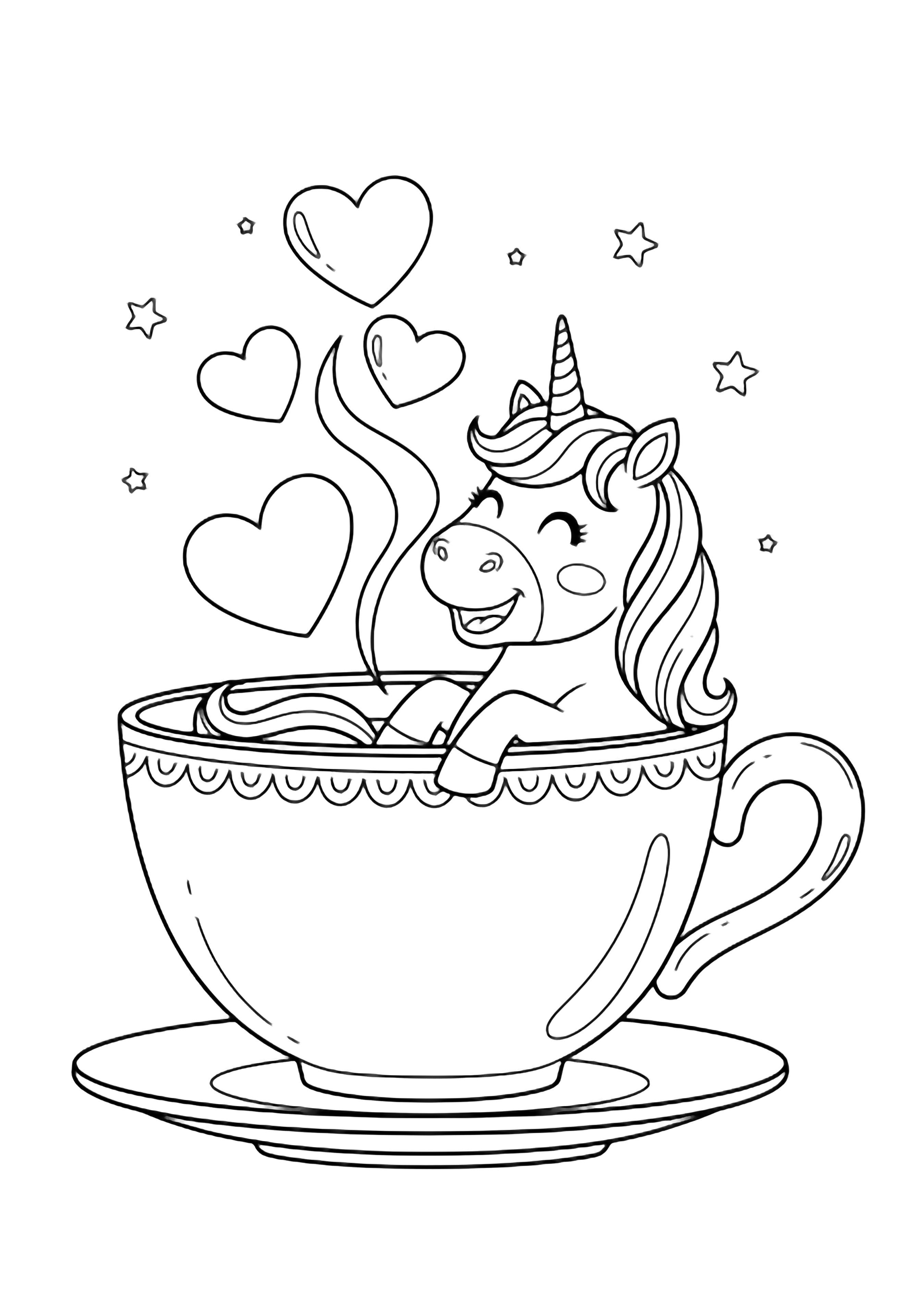 A smiling unicorn sits inside a giant teacup, steam hearts rising, saucer below, tiny stars floating around. kleurplaat