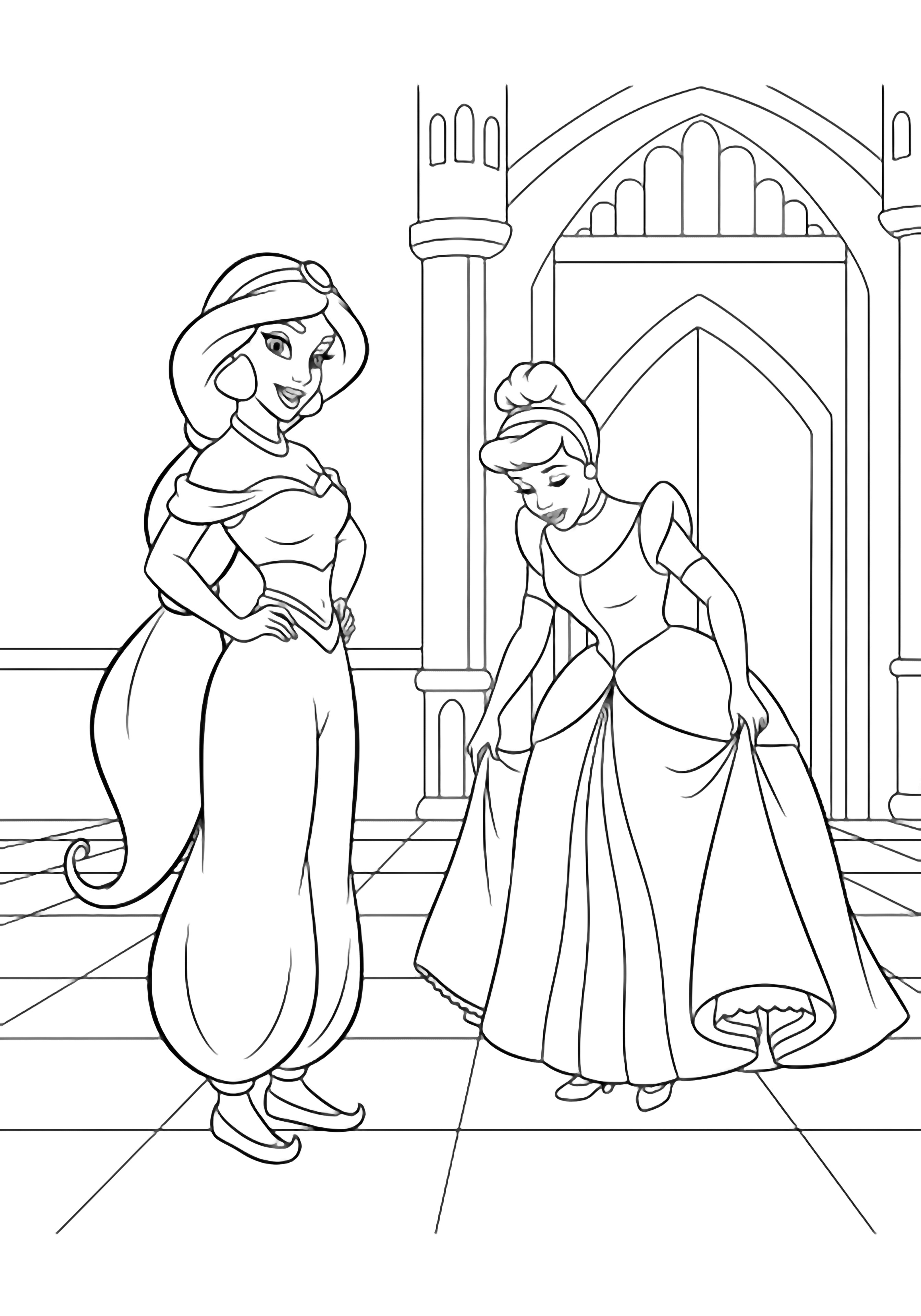 Jasmine stands sideways smiling, hand on hip, high ponytail; Cinderella bows lifting skirt hems; tiled floor, castle arch behind. kleurplaat