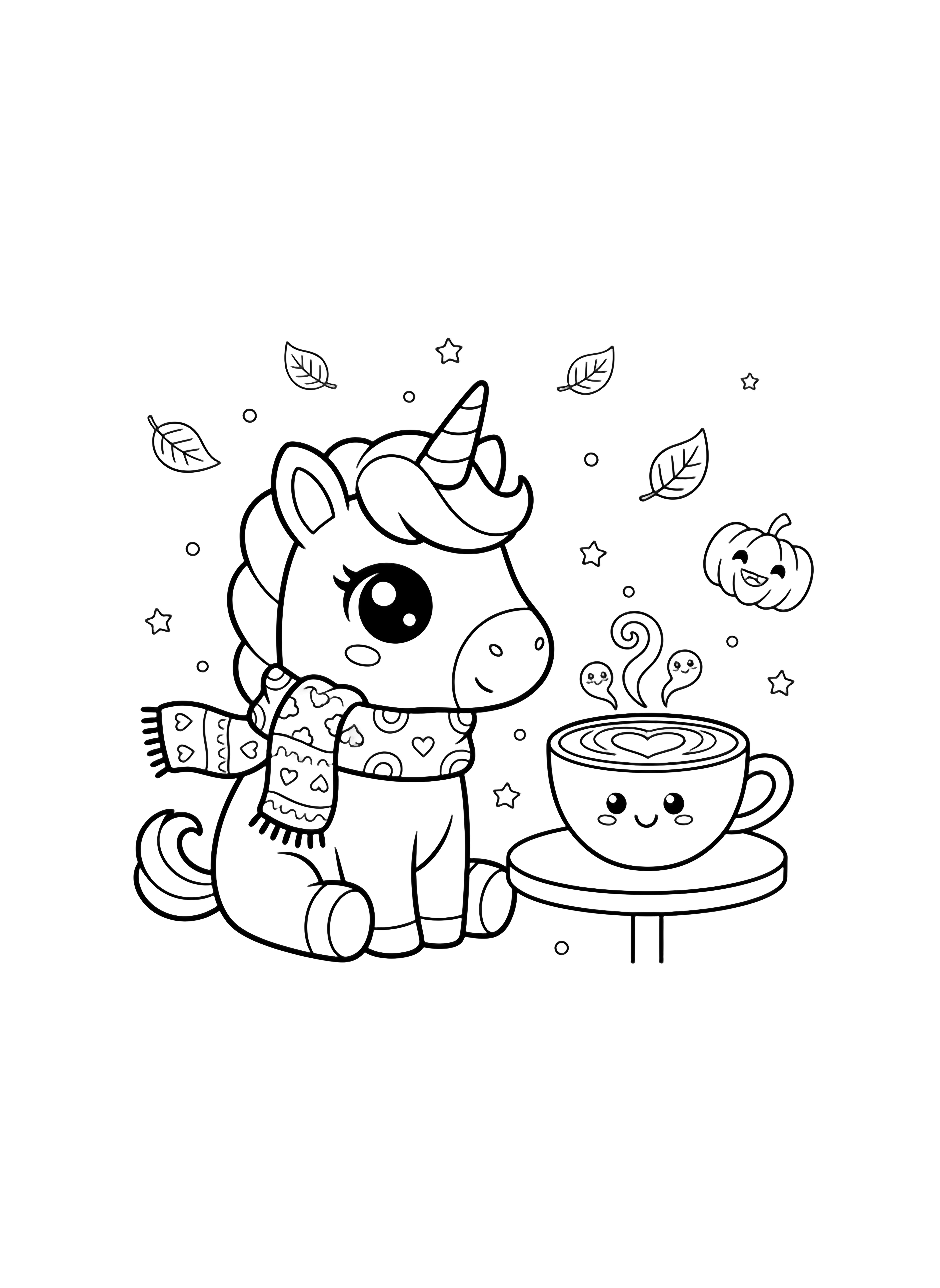 Kawaii unicorn with big eyes and scarf sits beside steaming latte cup, simple pumpkin, five drifting leaves, tiny stars, smiley steam wisps kleurplaat
