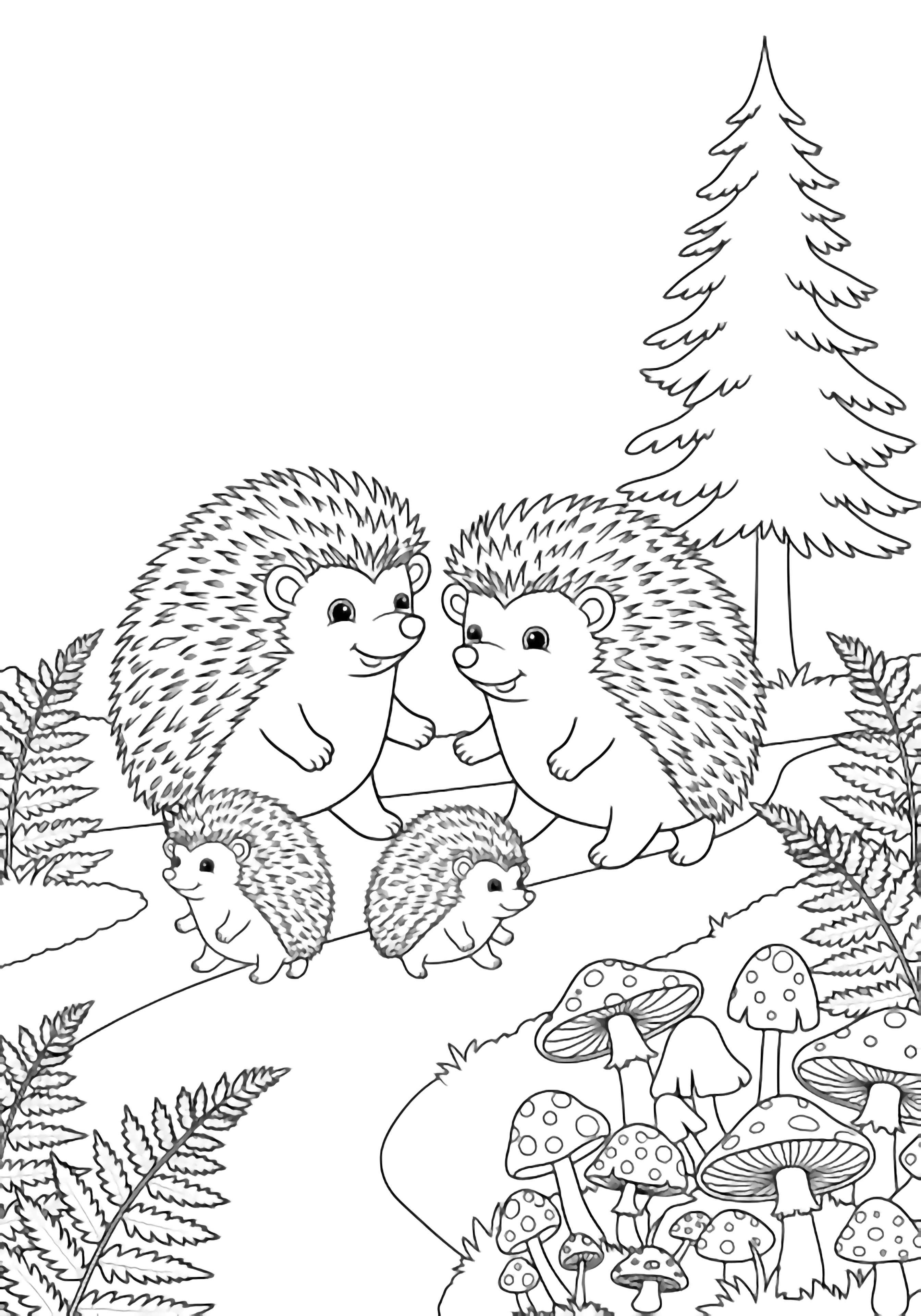 Smiling hedgehog parents and two tiny spiky kids stroll along a winding forest path edged with ferns, mushrooms, and one tall pine. kleurplaat