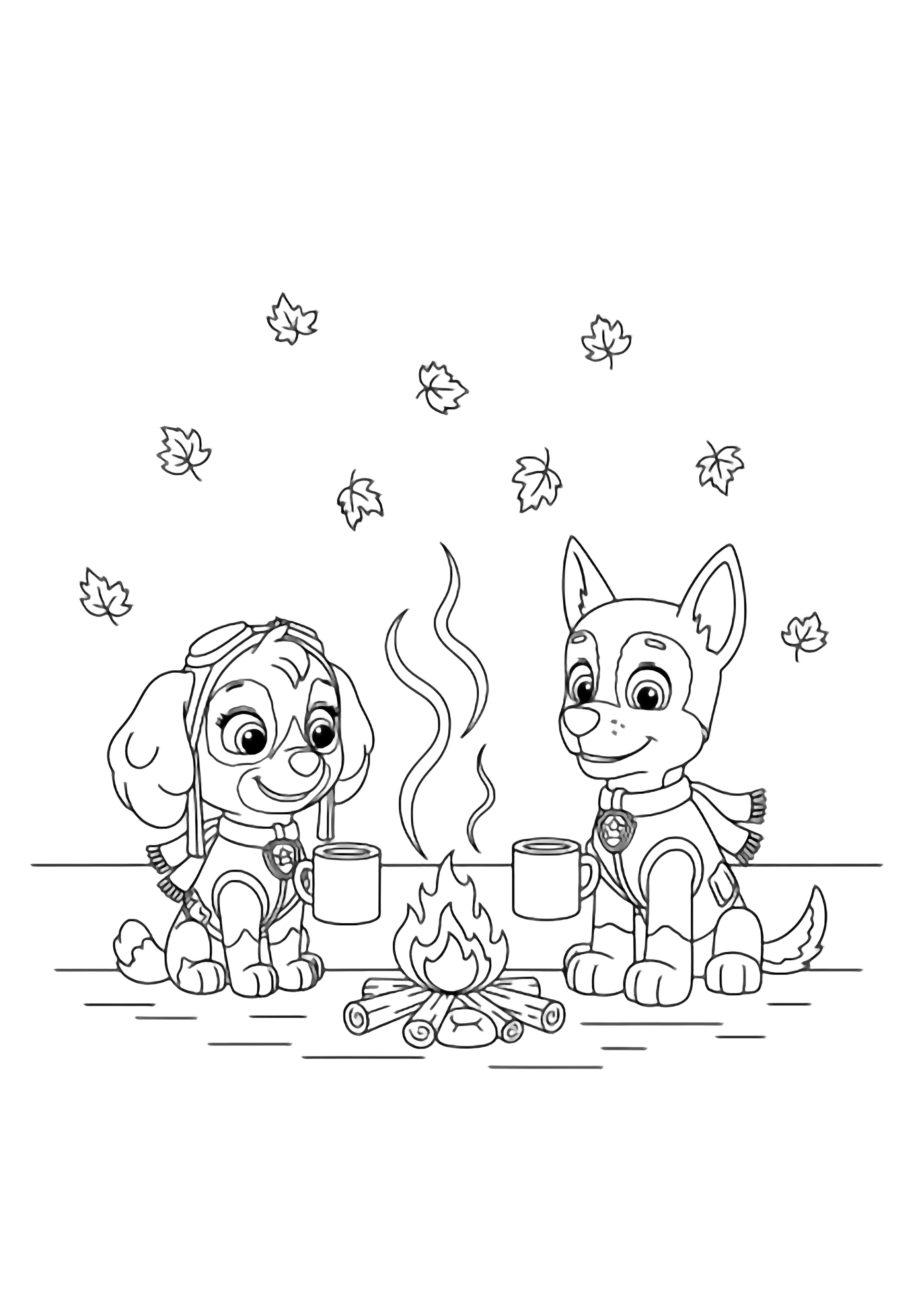 Skye and Chase sit by a campfire wearing tiny scarves, holding mugs while leaves drift and smoke curls upward. kleurplaat