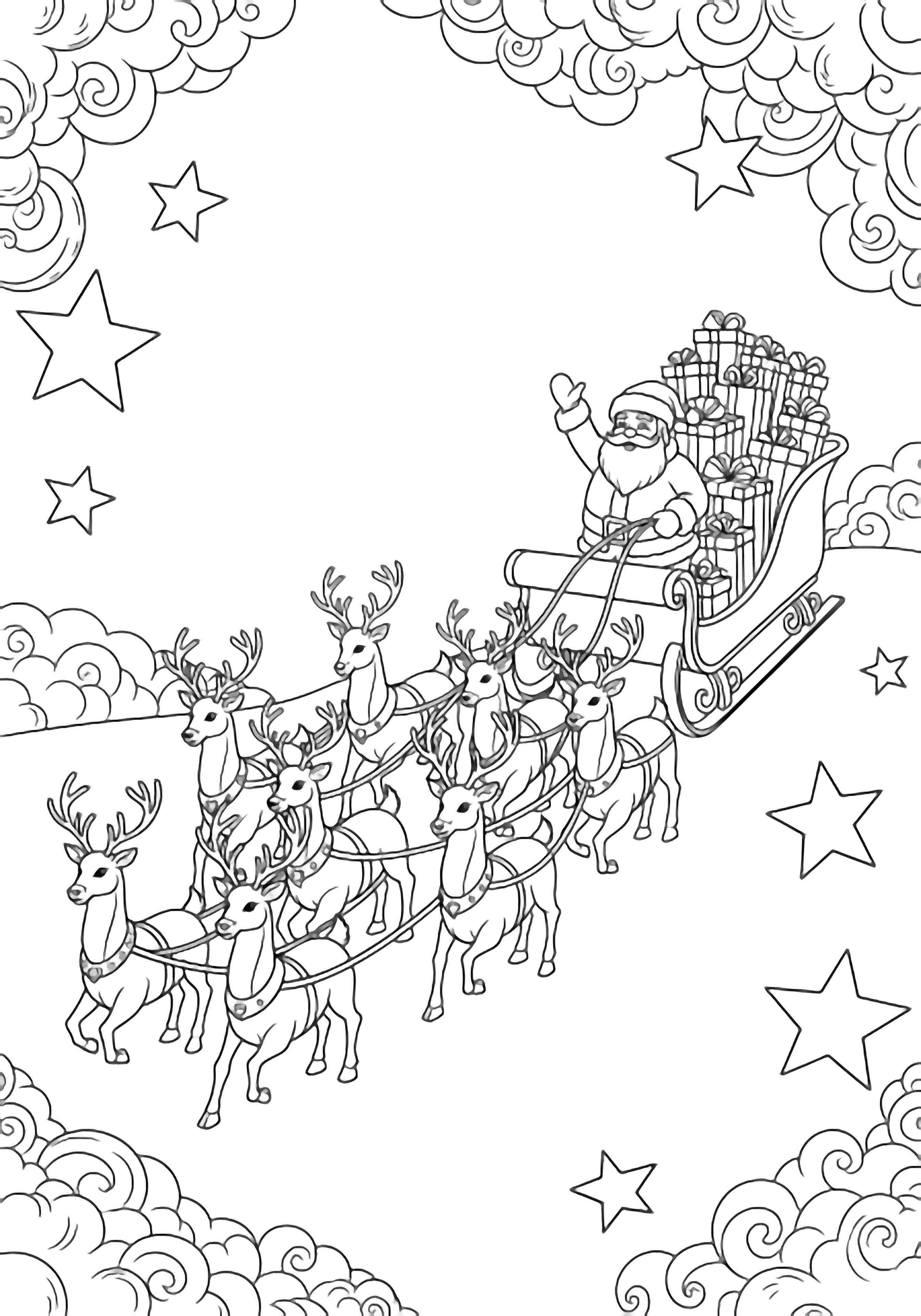 illustratie van een kerstman die zwaait vanuit zijn slee vol gestapelde cadeaudozen; acht rendieren huppelen ervoor; grote vijfpuntige sterren en wervelende wolken omlijnen de pagina en laten elk binnenste wit voor een schone zwarte kleurplaat