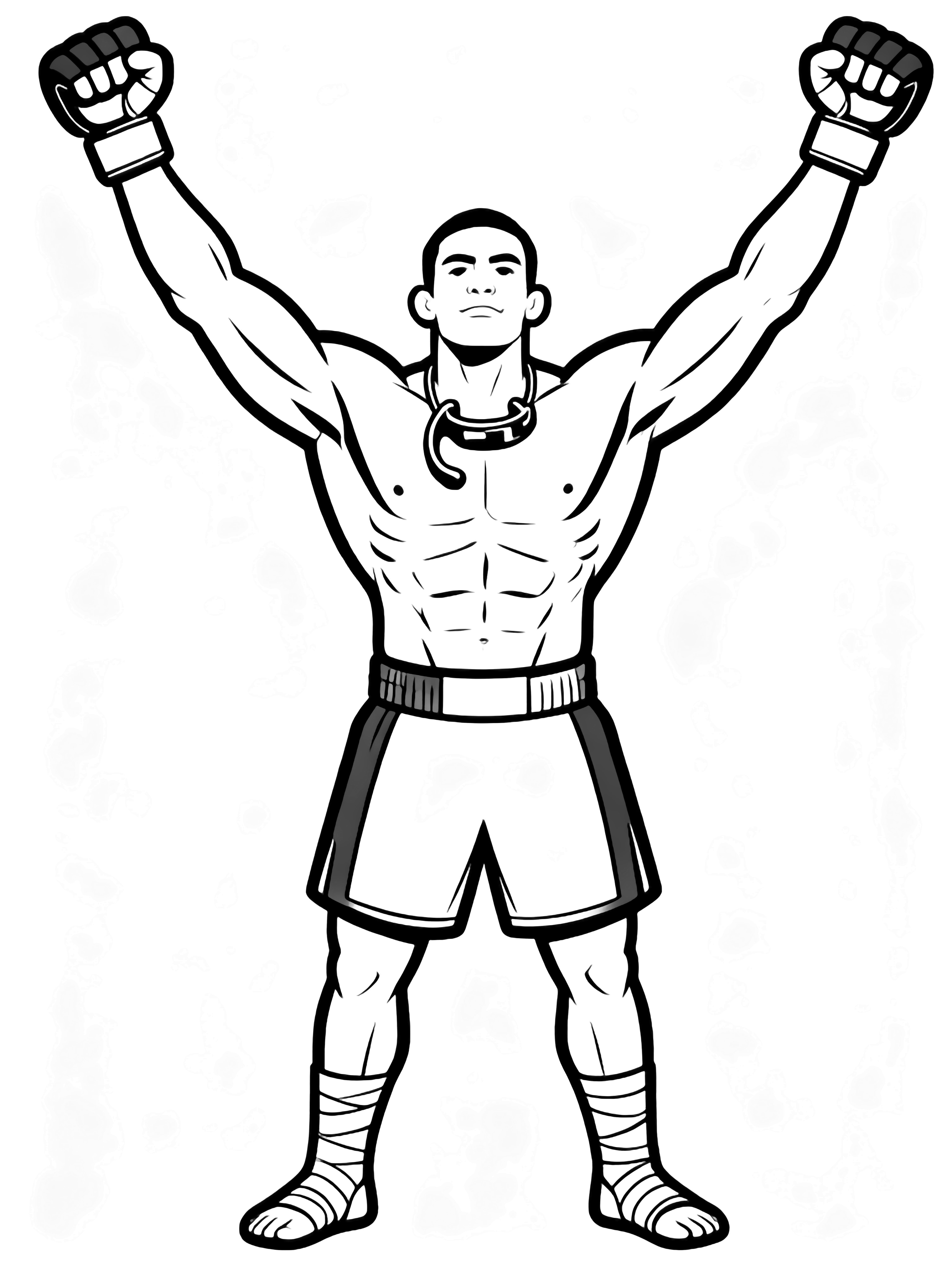 Muscular MMA fighter stands center, arms raised high in victory, mouthguard hanging loose, bulky gloves, shorts and wraps. kleurplaat